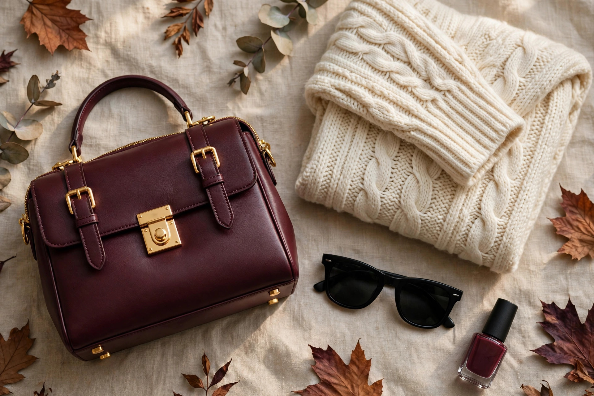 Wine-colored handbag styled with a neutral outfit