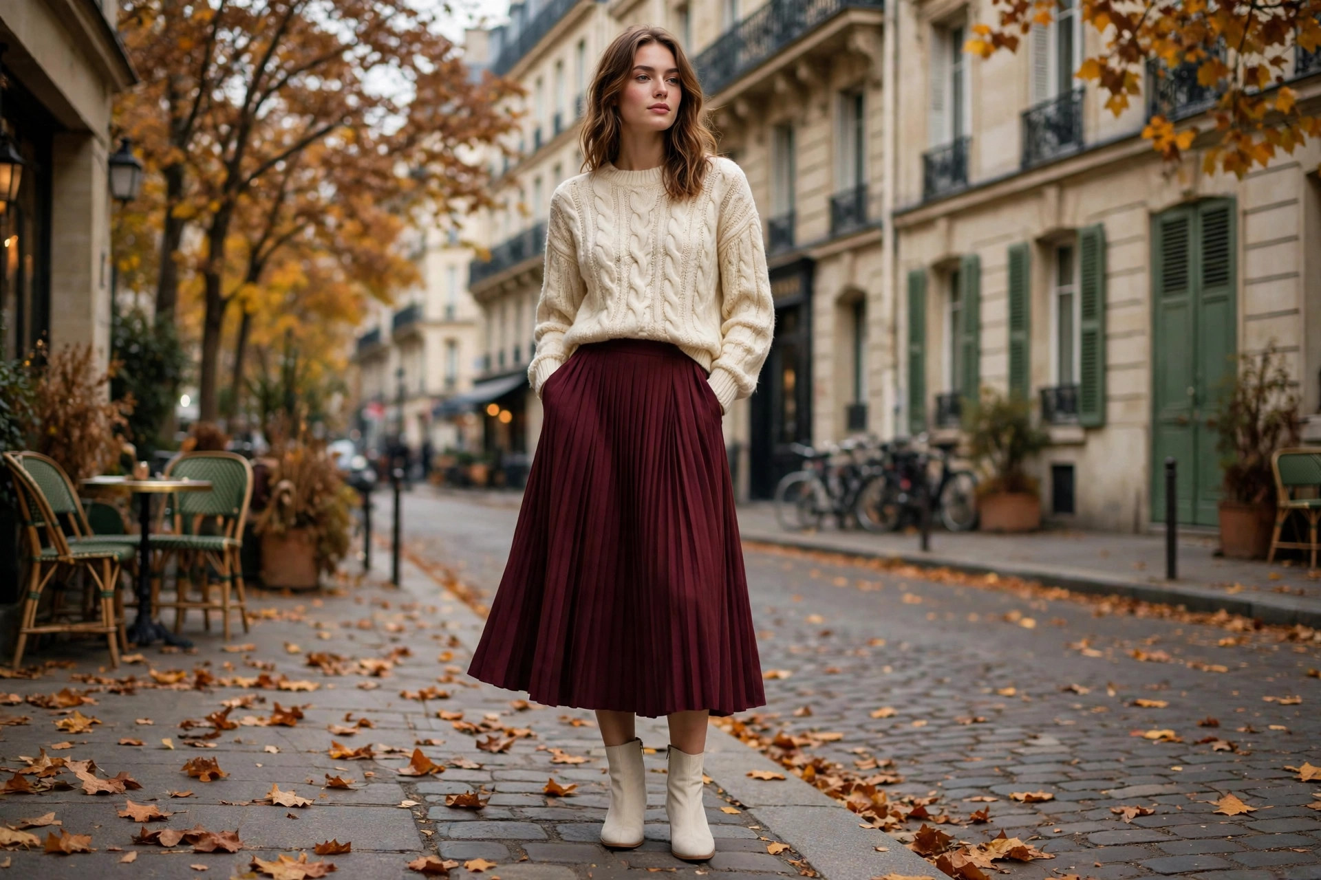 Burgundy midi skirt paired with a cream knit sweater