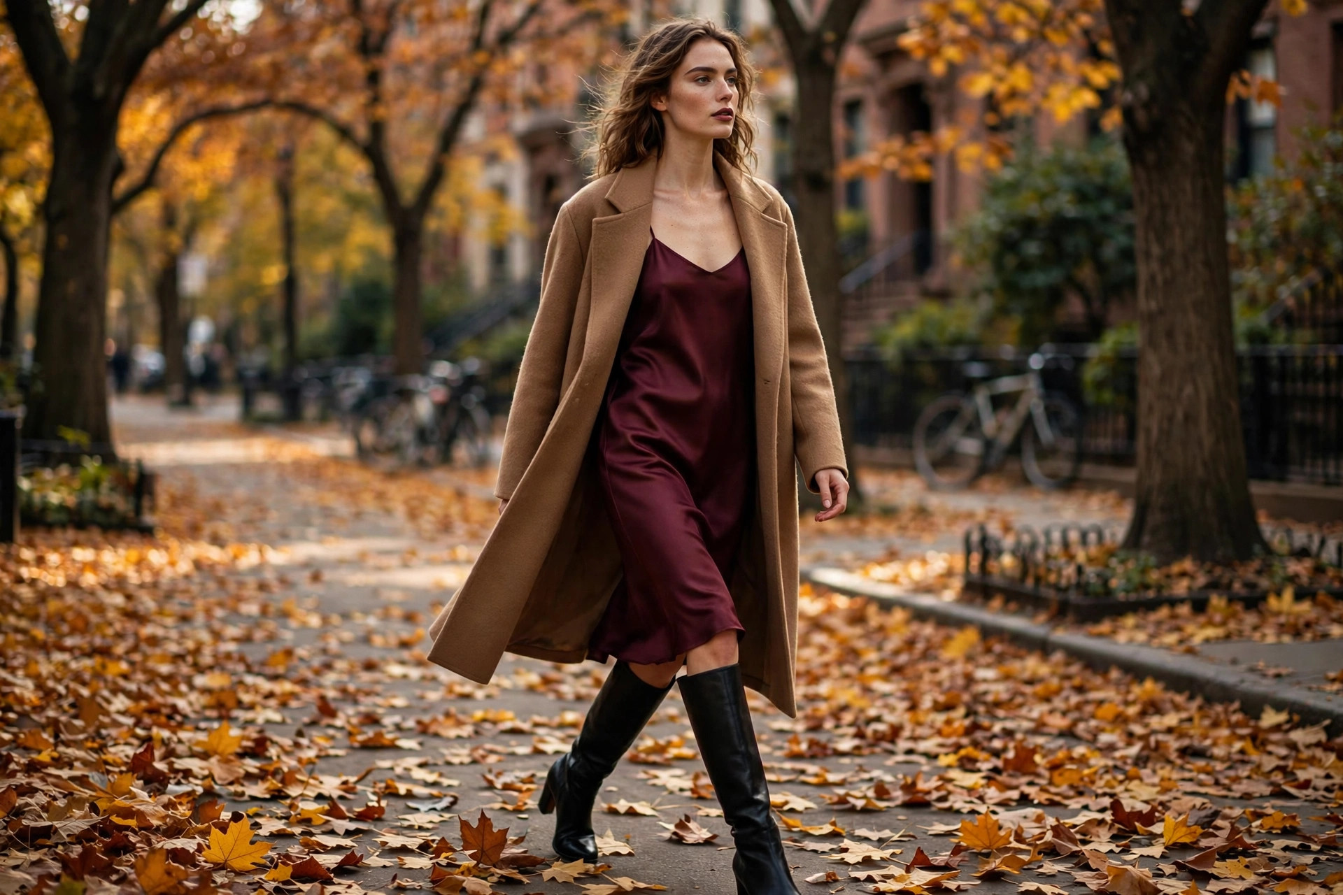 Burgundy knit tucked into camel wide-leg trousers