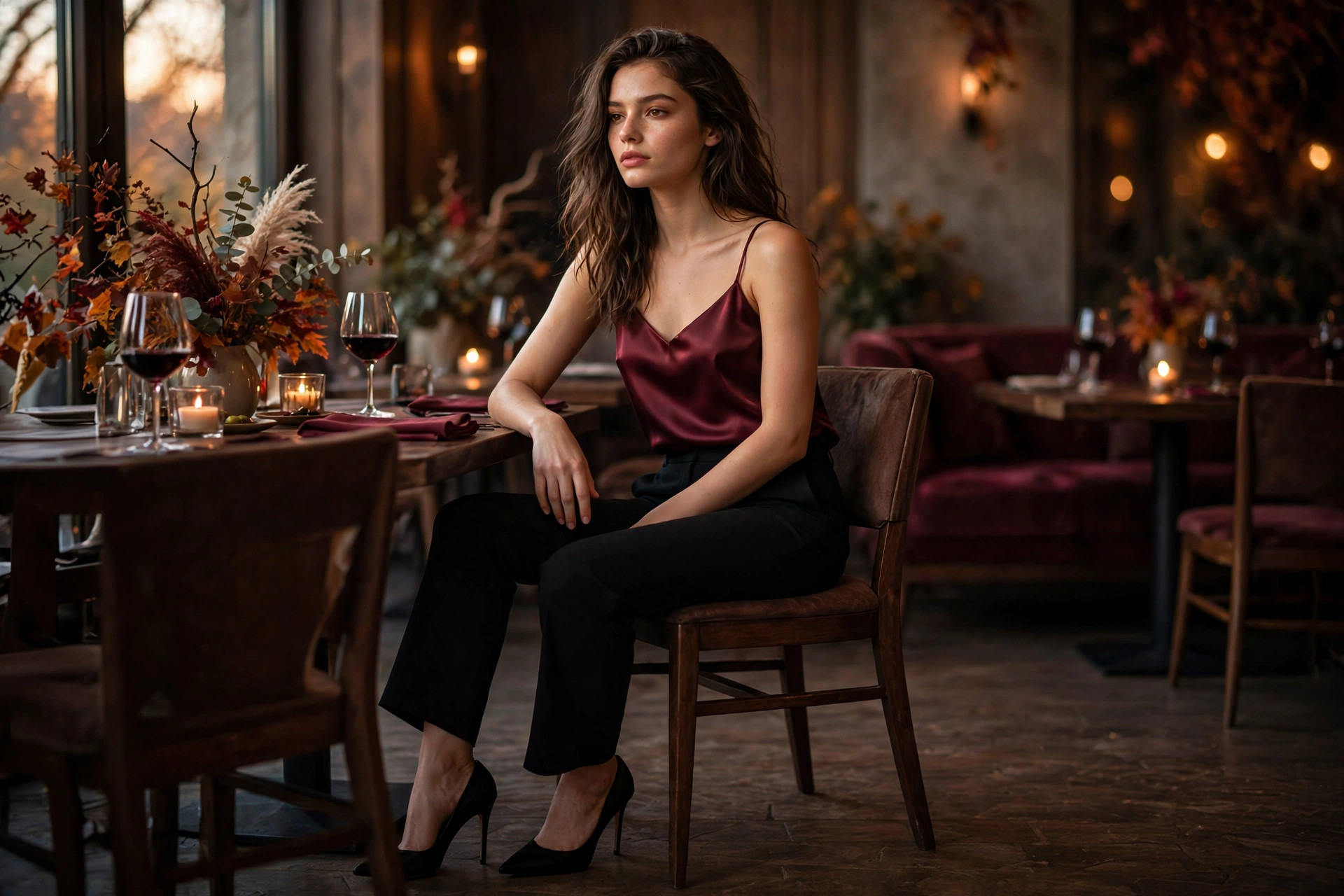 Burgundy satin top with black tailored trousers