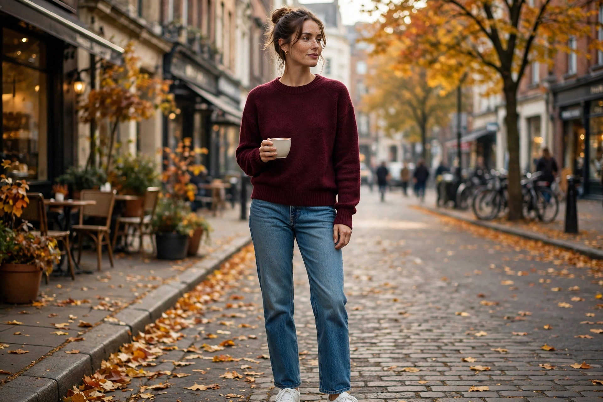 Wine-colored knit with vintage-wash denim jeans