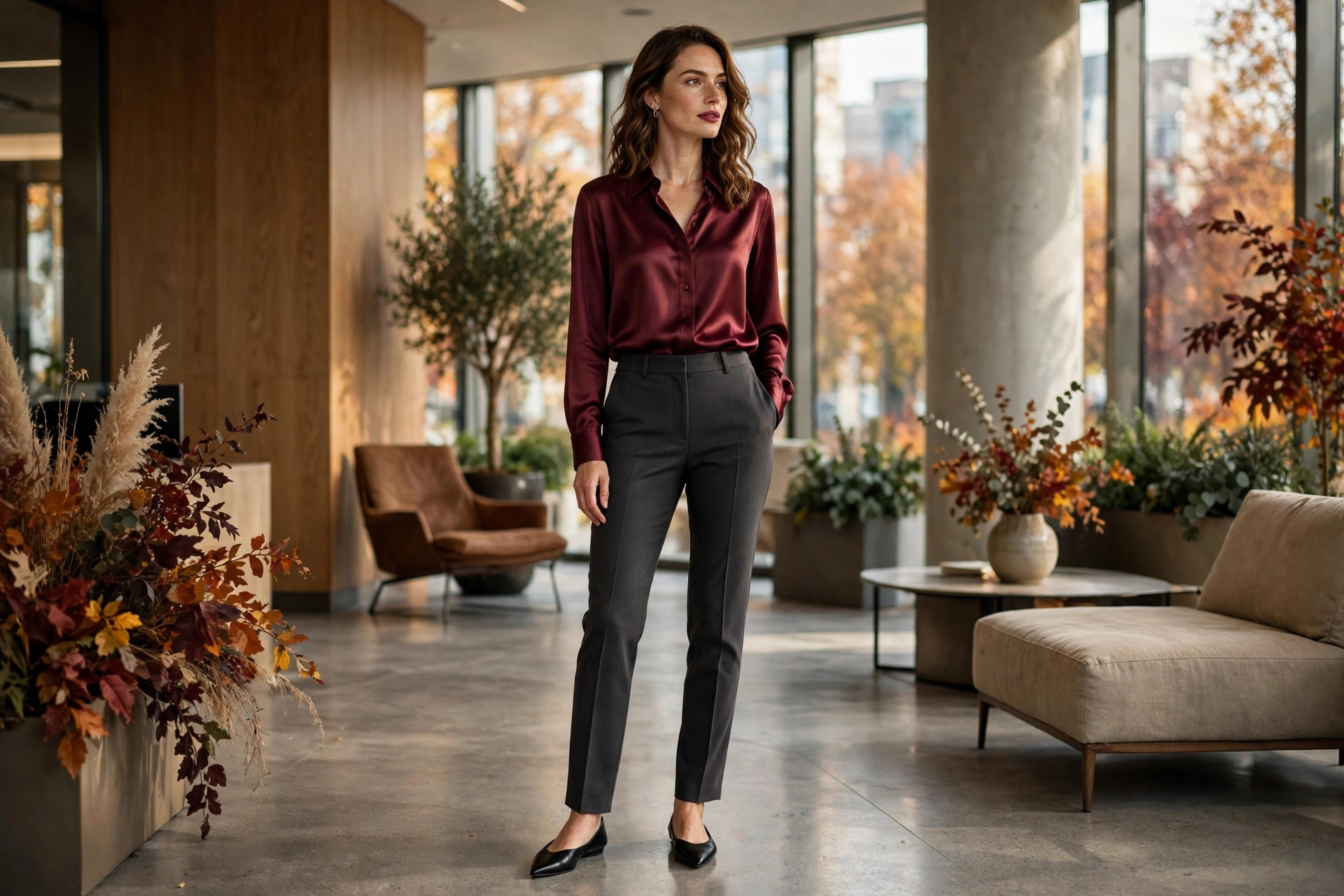 Charcoal trousers with a burgundy blouse for the office