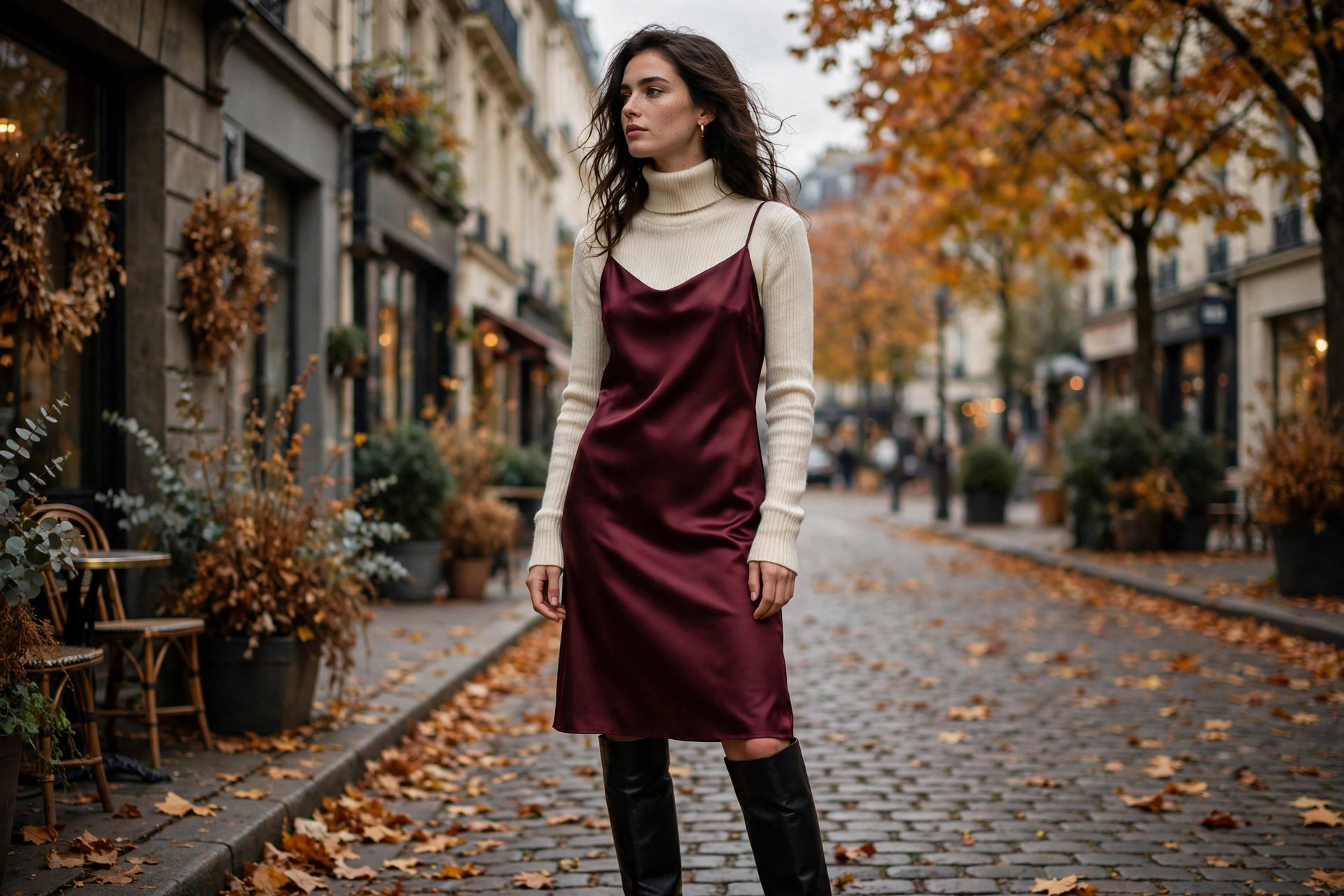 Burgundy slip dress layered over a turtleneck