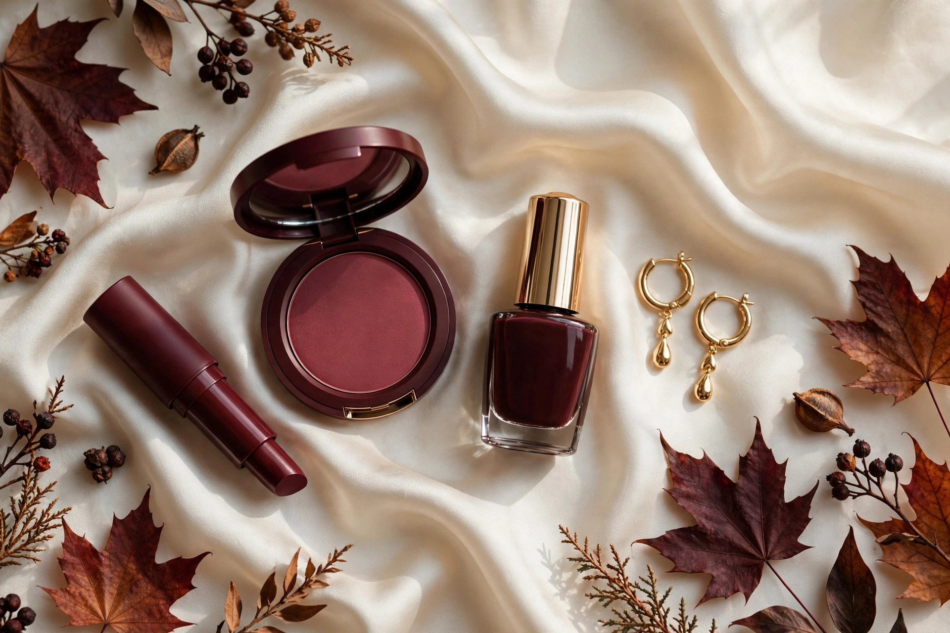 Deep burgundy lipstick with oxblood manicured nails