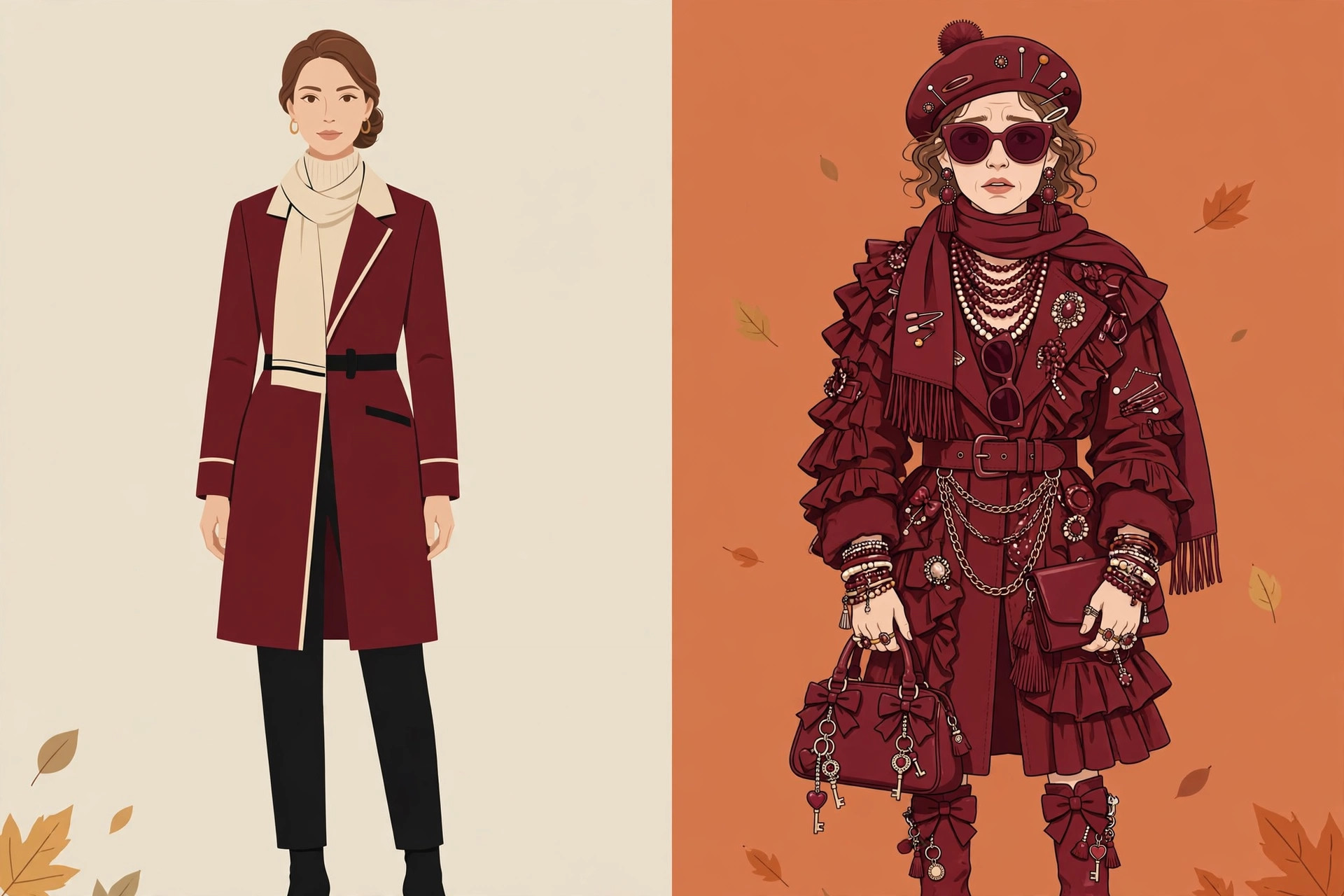 Styling example showing burgundy outfit pairings