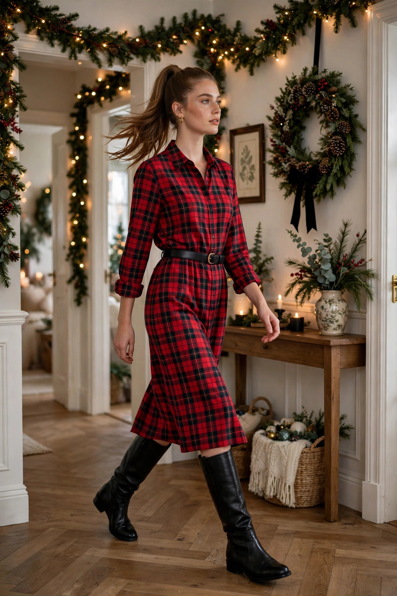 Woman in a red and black tartan plaid midi shirt dress with knee-high black boots and a Christmas wreath behind her