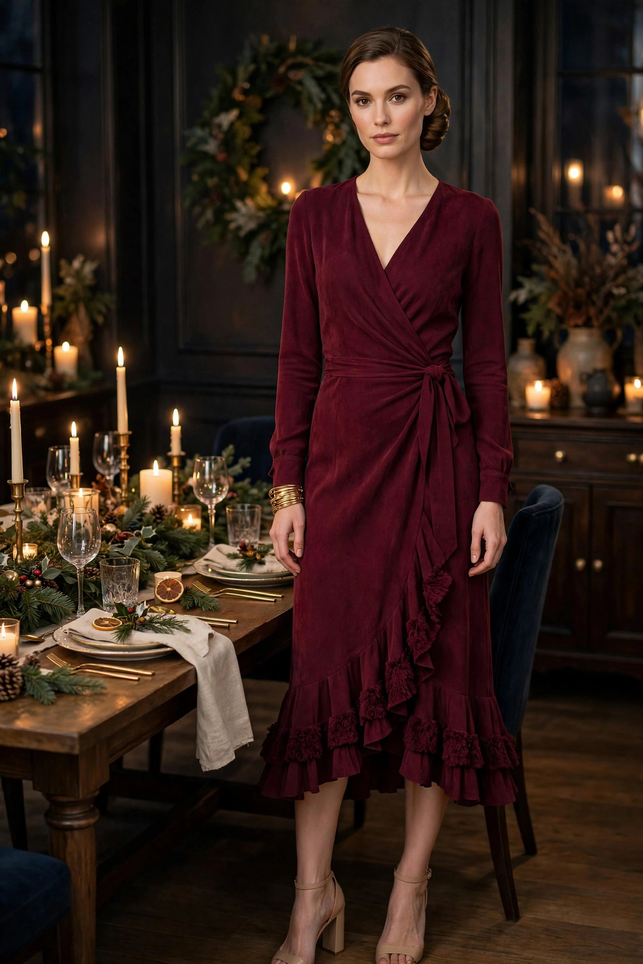 Woman in a deep burgundy long-sleeve wrap midi dress with ruffled hem at a candlelit Christmas table