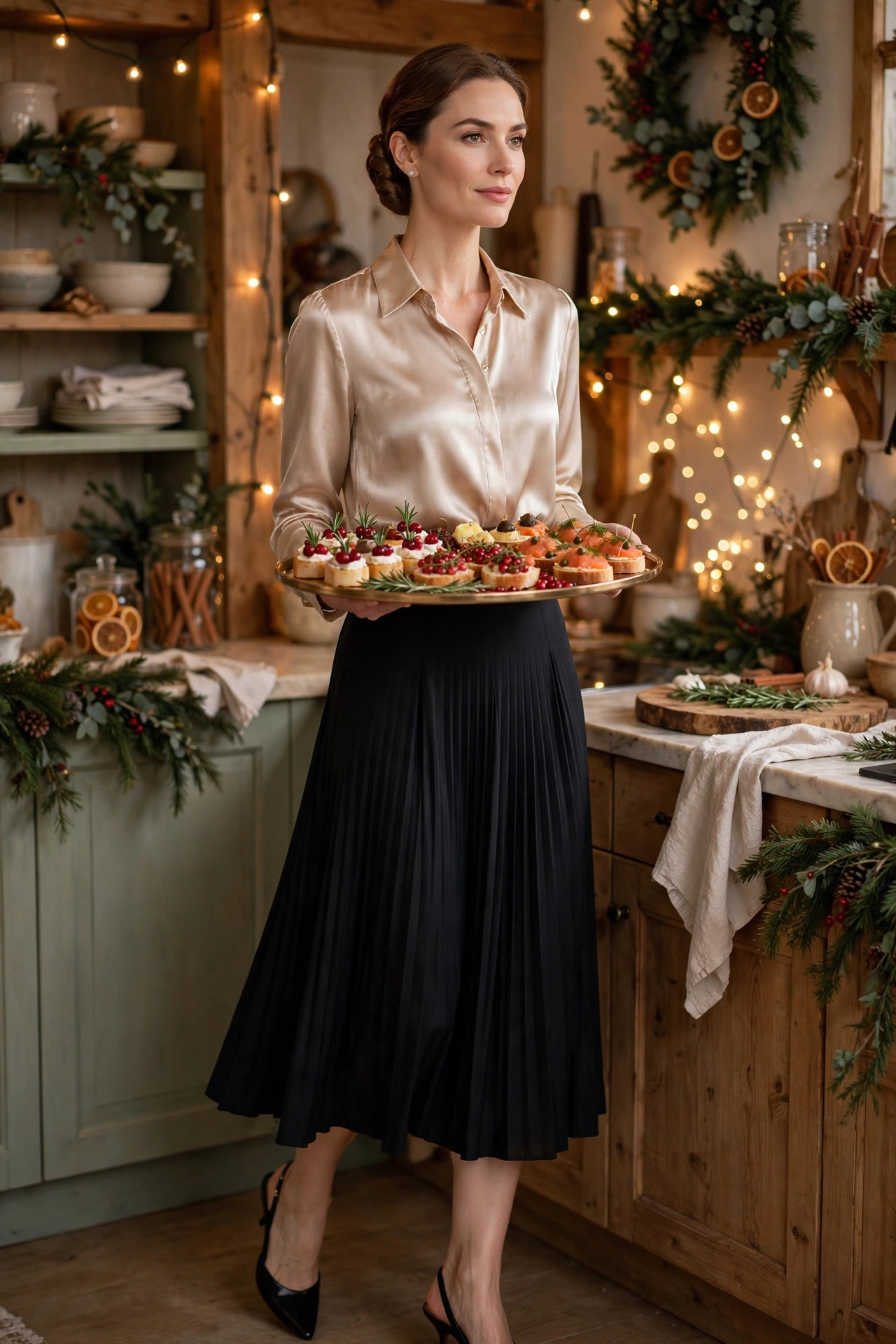 Elegant hostess in a champagne satin blouse and black pleated midi skirt carrying a tray of festive appetizers