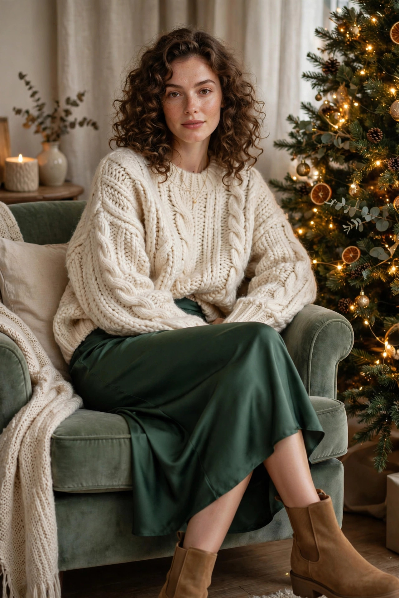 Woman in a forest green satin midi slip skirt with an oversized cream chunky-knit sweater beside a Christmas tree