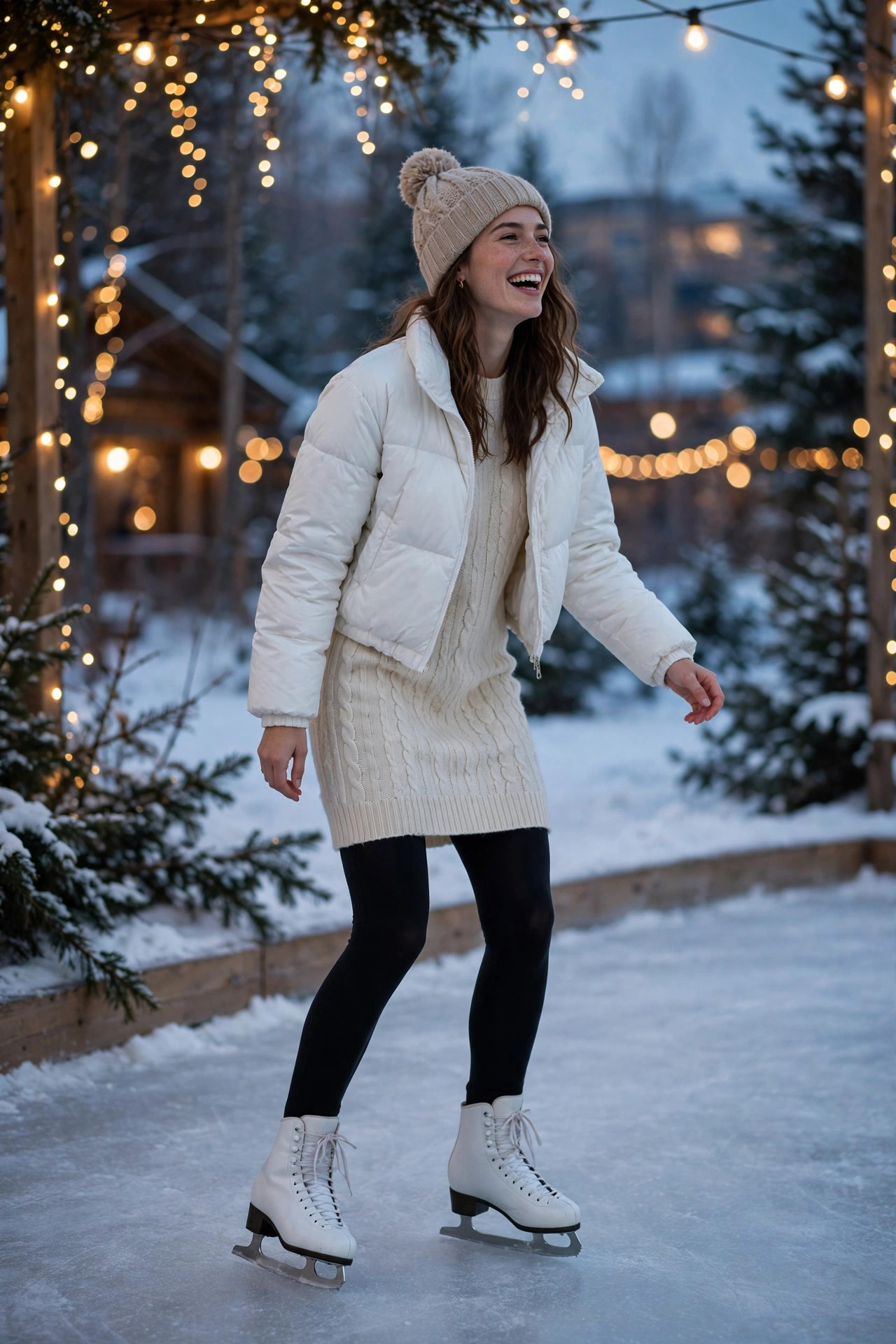Woman ice skating in a white cropped puffer jacket over a cream knit sweater dress with a beige pom-pom beanie