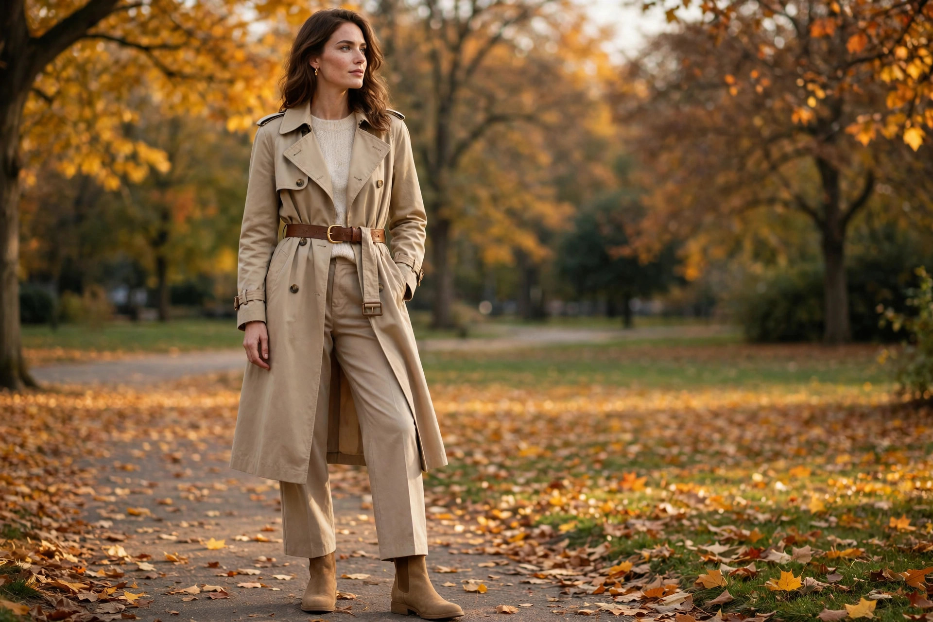 Belted trench coat over all-neutral fall outfit