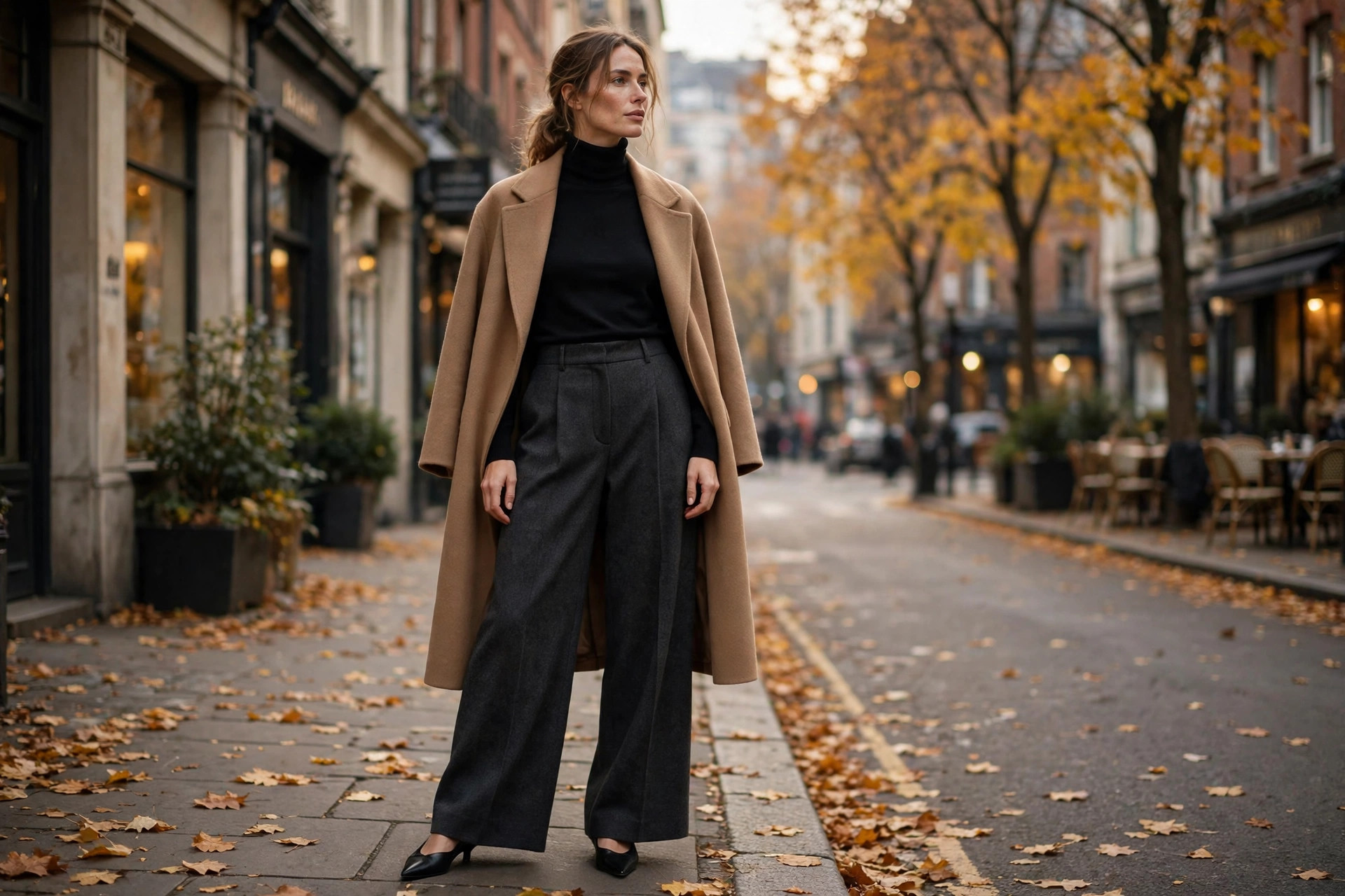 Wide-leg trousers with fitted turtleneck fall look
