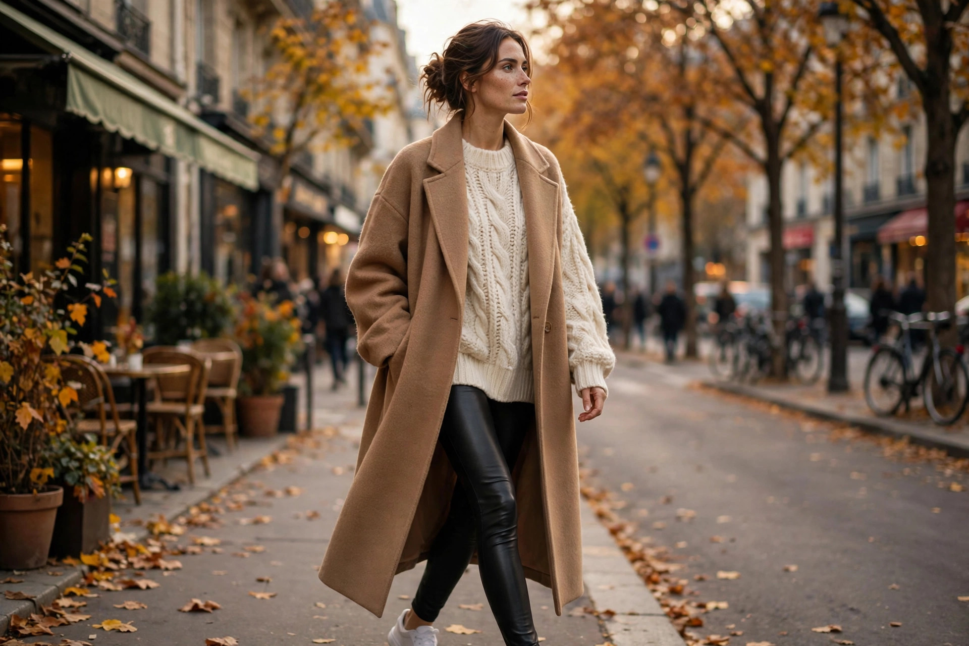 Faux leather leggings with long wool coat fall outfit