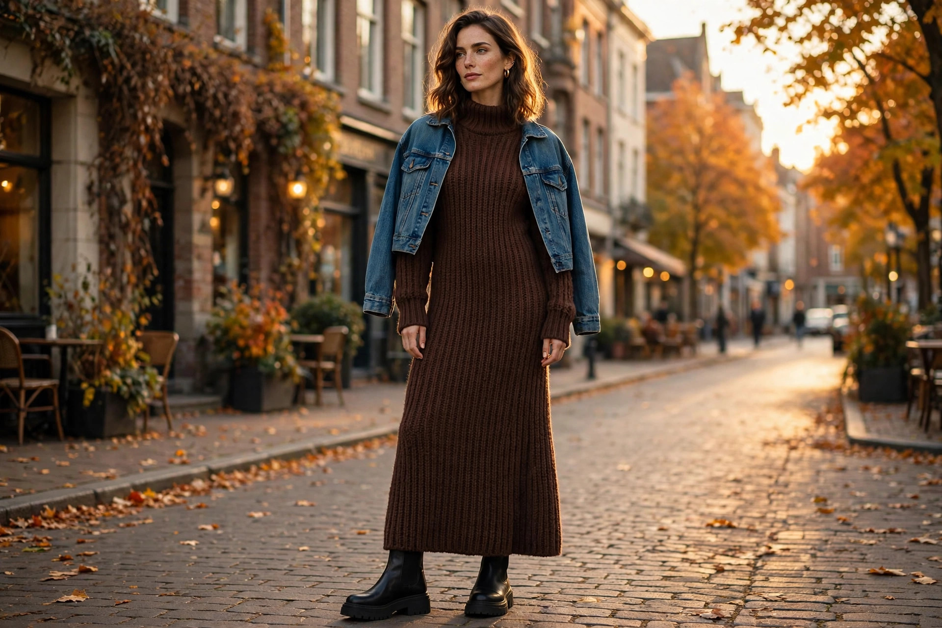 Knit maxi dress with chunky boots transitional outfit