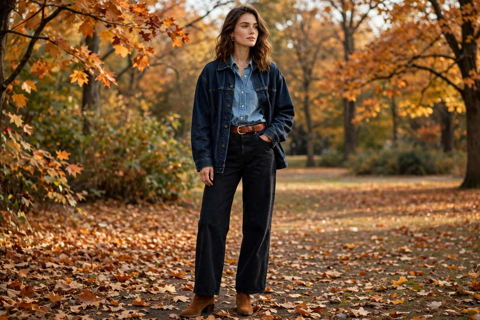 Double denim fall outfit with leather boots