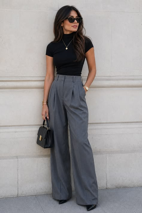 Woman wearing a black tee with charcoal wide-leg trousers and a black mini bag