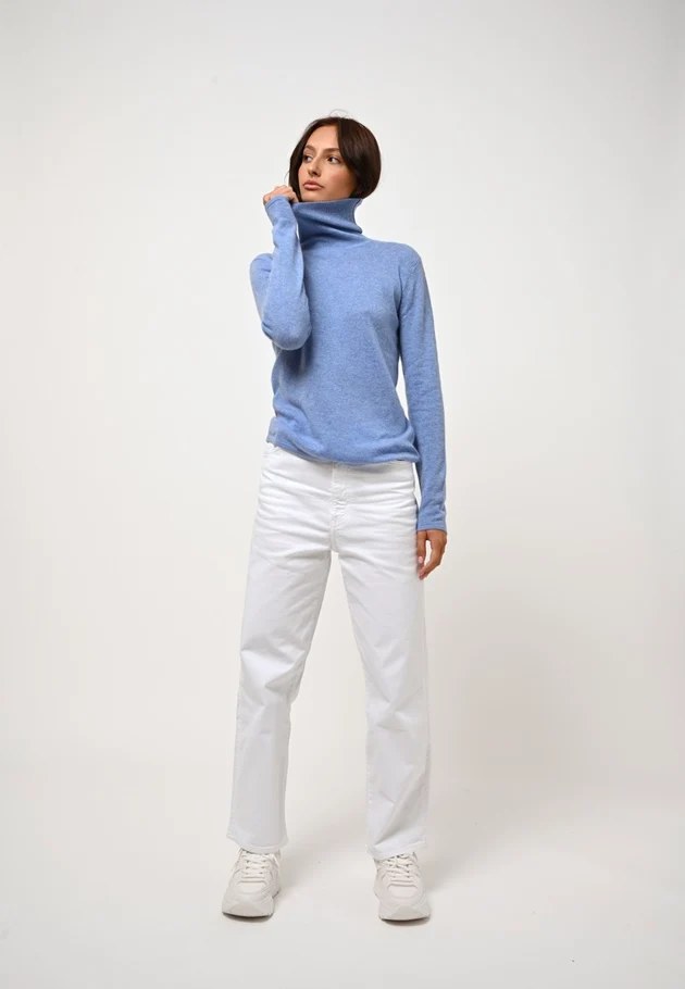 Sky-blue cashmere sweater product shot for a winter outfit