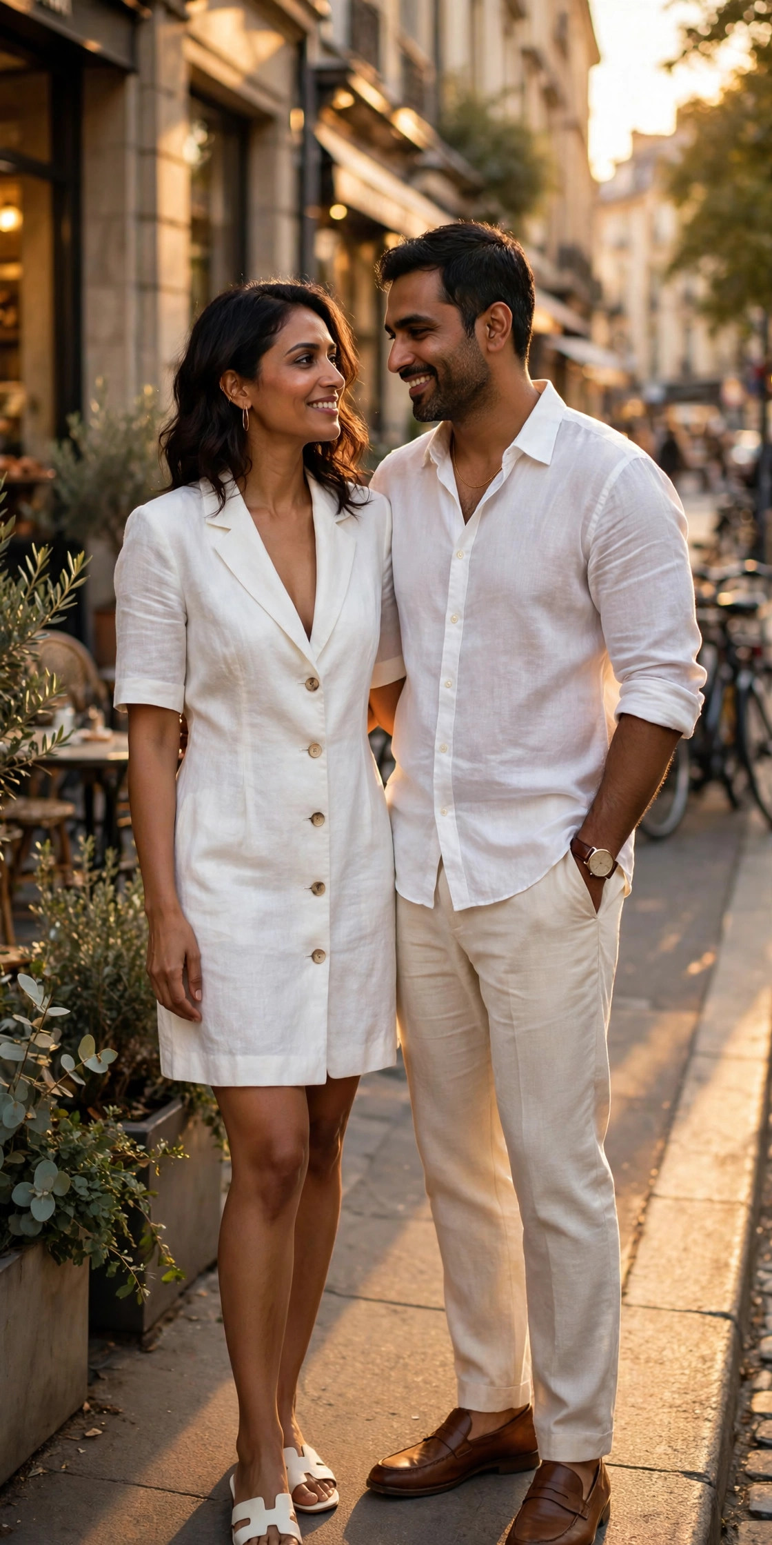 Stylish couple in matching white linen outfits on a sunlit city street at golden hour, full-body matching couple outfit photo