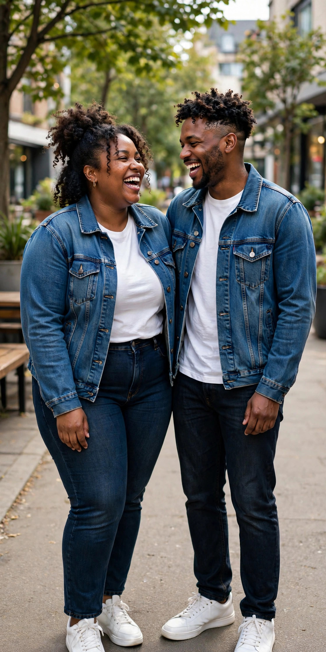 Happy couple laughing outdoors in matching blue denim jackets, white tees and jeans with white sneakers, casual matching couple outfit