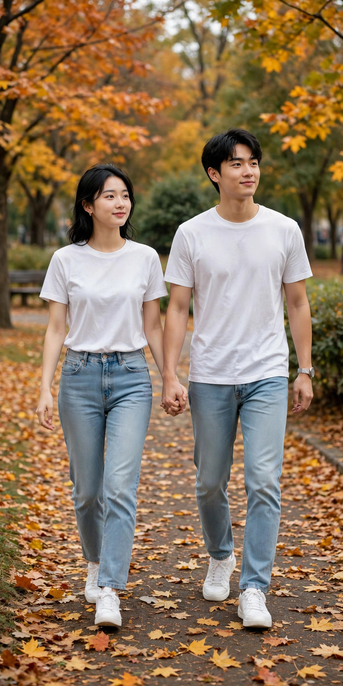 Young couple holding hands in a park wearing matching plain white tees, light-wash jeans and white sneakers, minimalist couple outfit