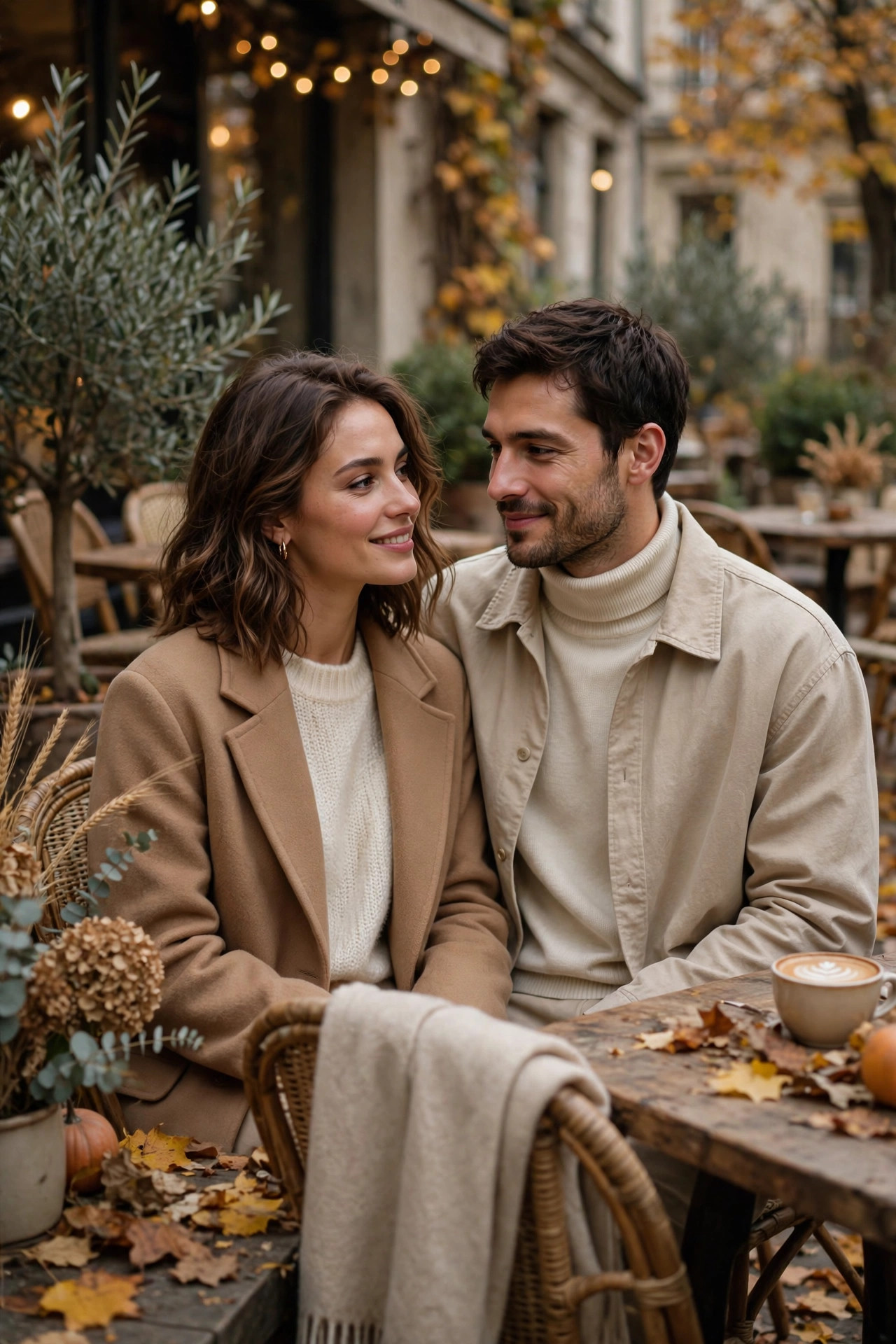 Couple on a café terrace in coordinated cream and beige outfits, knit sweaters and wool coats, neutral matching couple outfit
