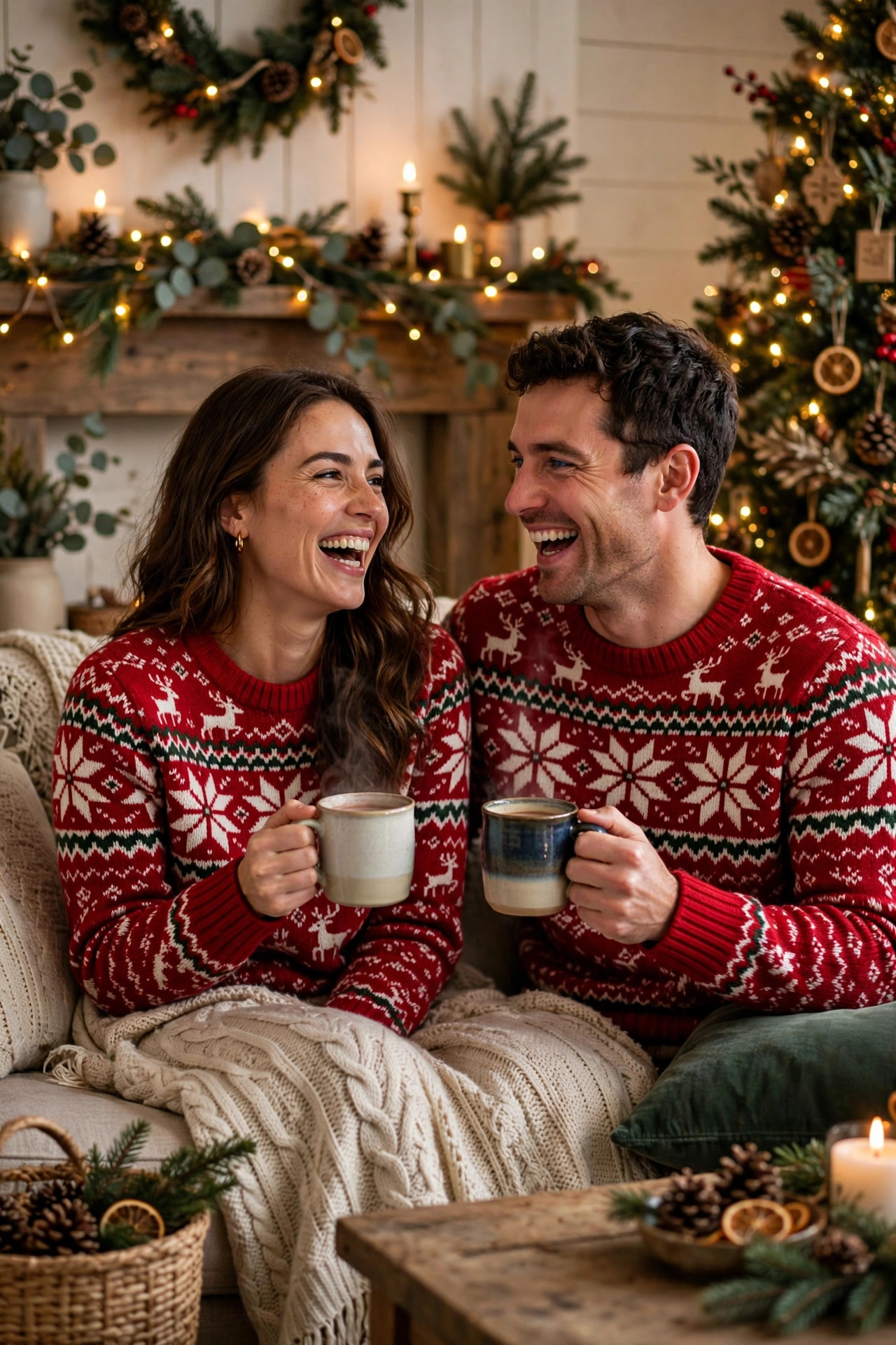 Cheerful couple in matching red Fair Isle knit holiday sweaters holding mugs in a Christmas-decorated living room