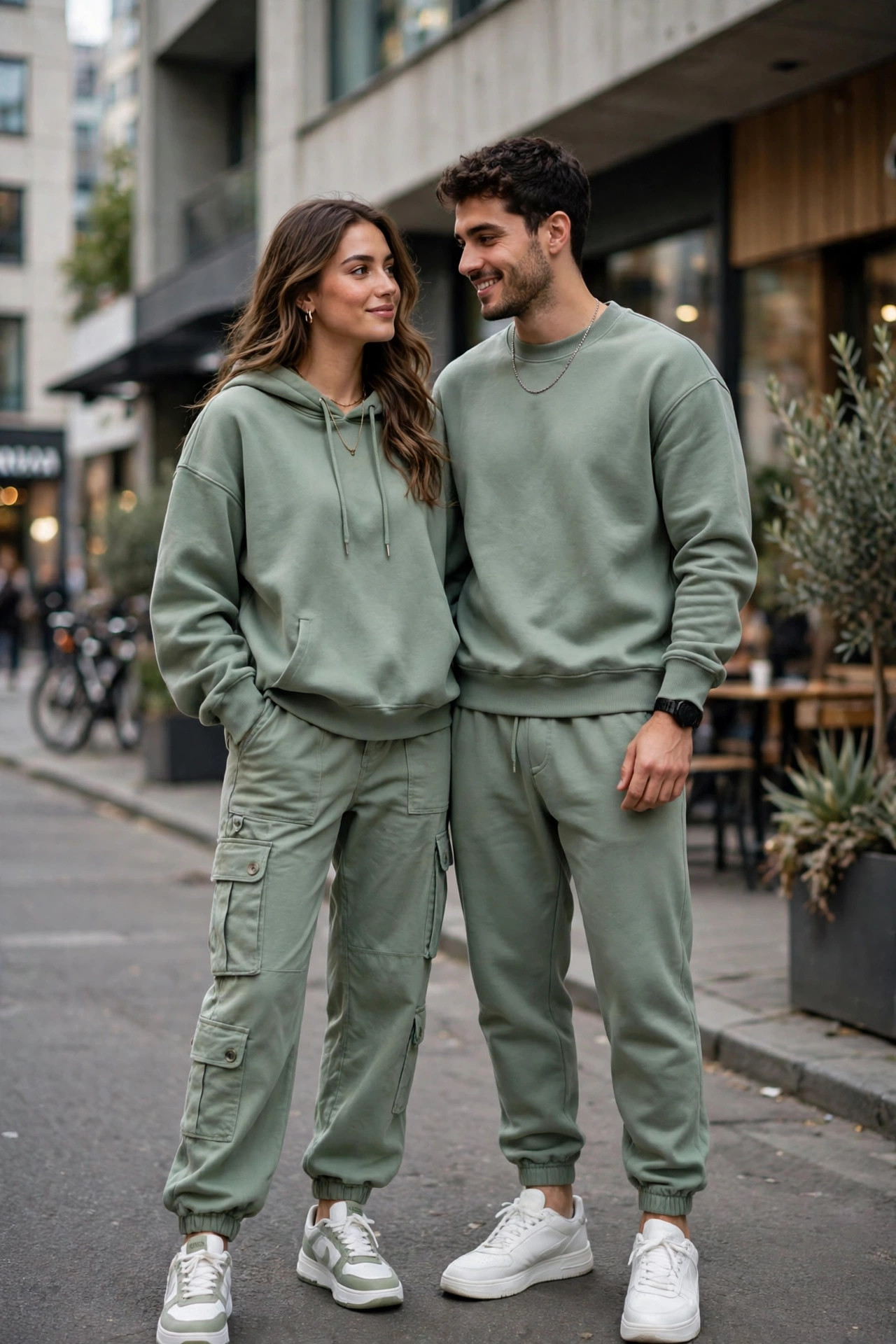 Trendy couple in color-coordinated sage green streetwear, hoodies and joggers with matching sneakers, urban couple style