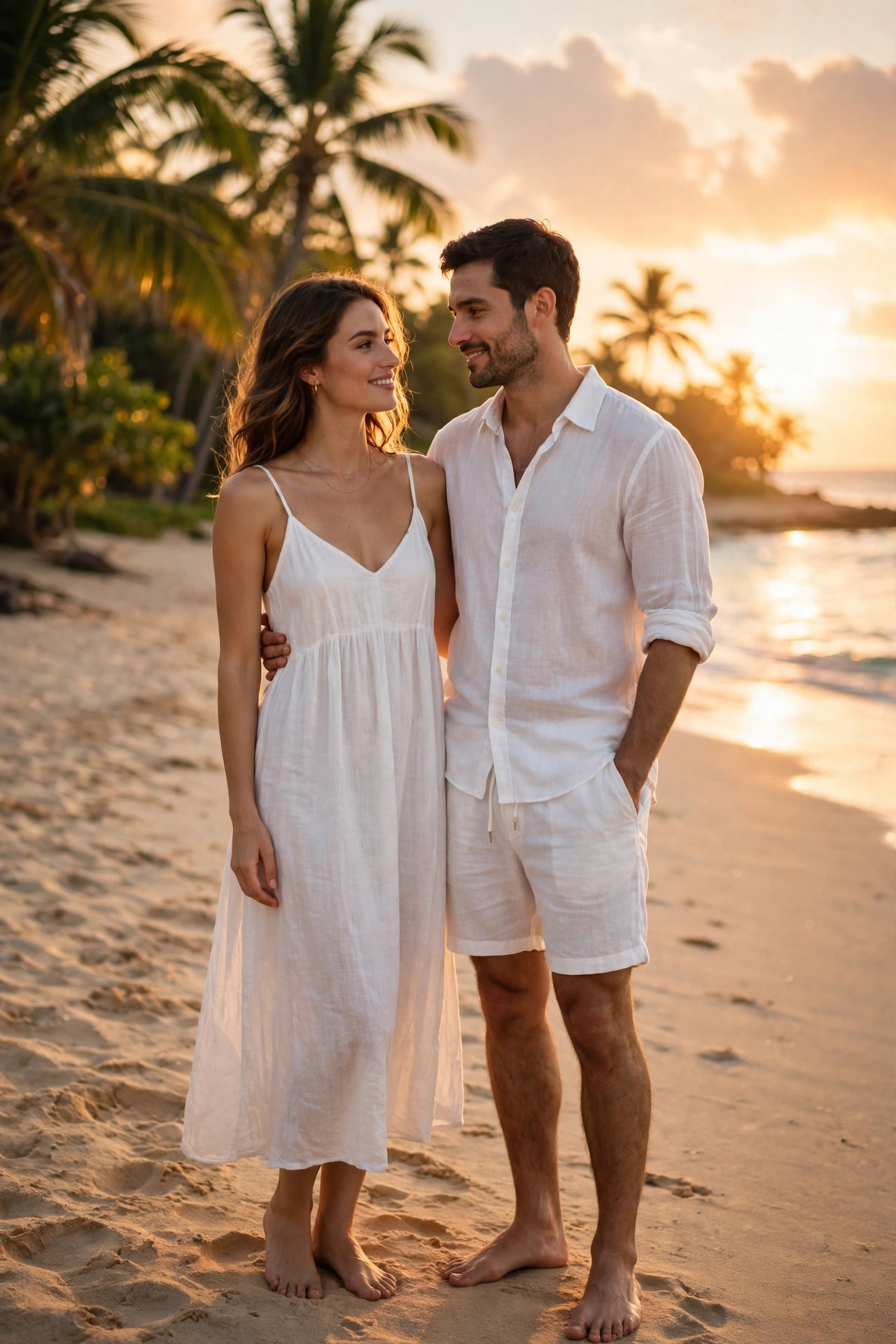 Couple on a tropical beach at sunset in matching white linen outfits, sundress and camp shirt, vacation couple outfit