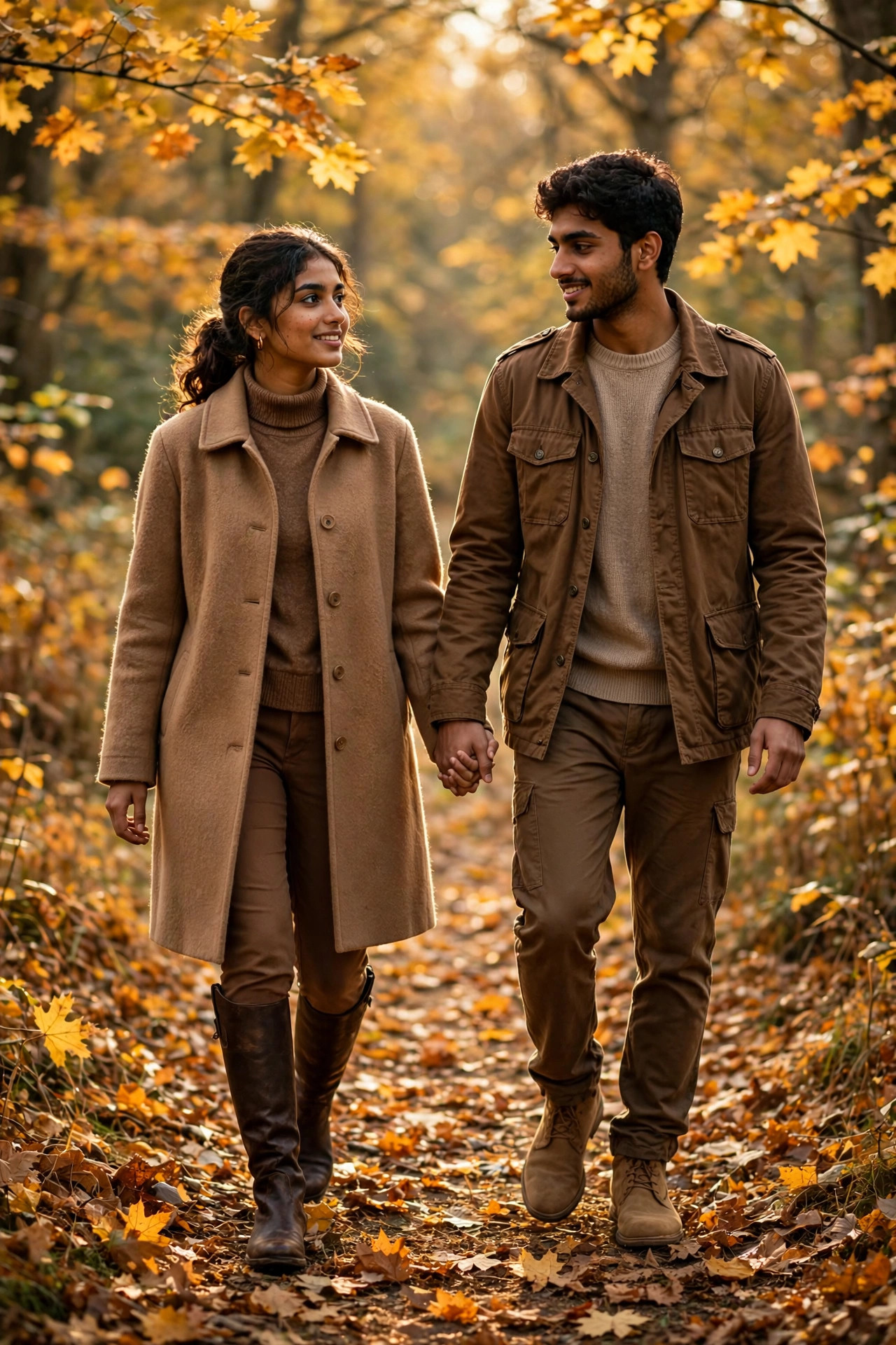 Couple walking on a forest path in fall wearing tonal brown and camel outfits, wool coats and leather boots, autumn couple style