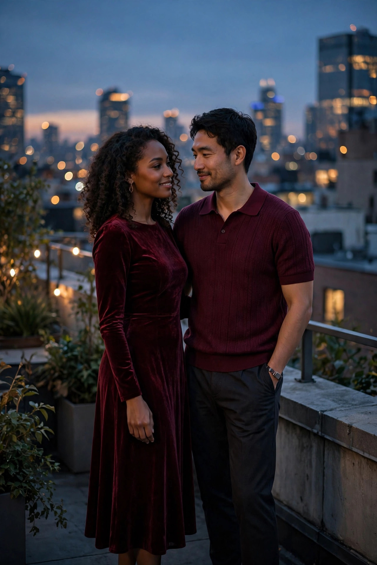 Romantic couple on a city rooftop at dusk in burgundy date-night outfits, velvet midi dress and knit polo, evening couple look