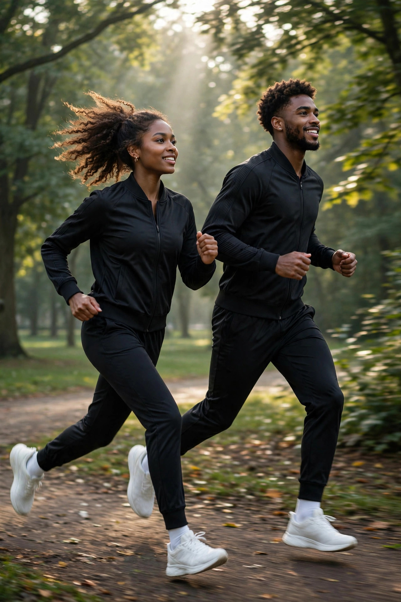 Athletic couple jogging in a park in matching black athleisure tracksuits with white sneakers, sporty couple outfit