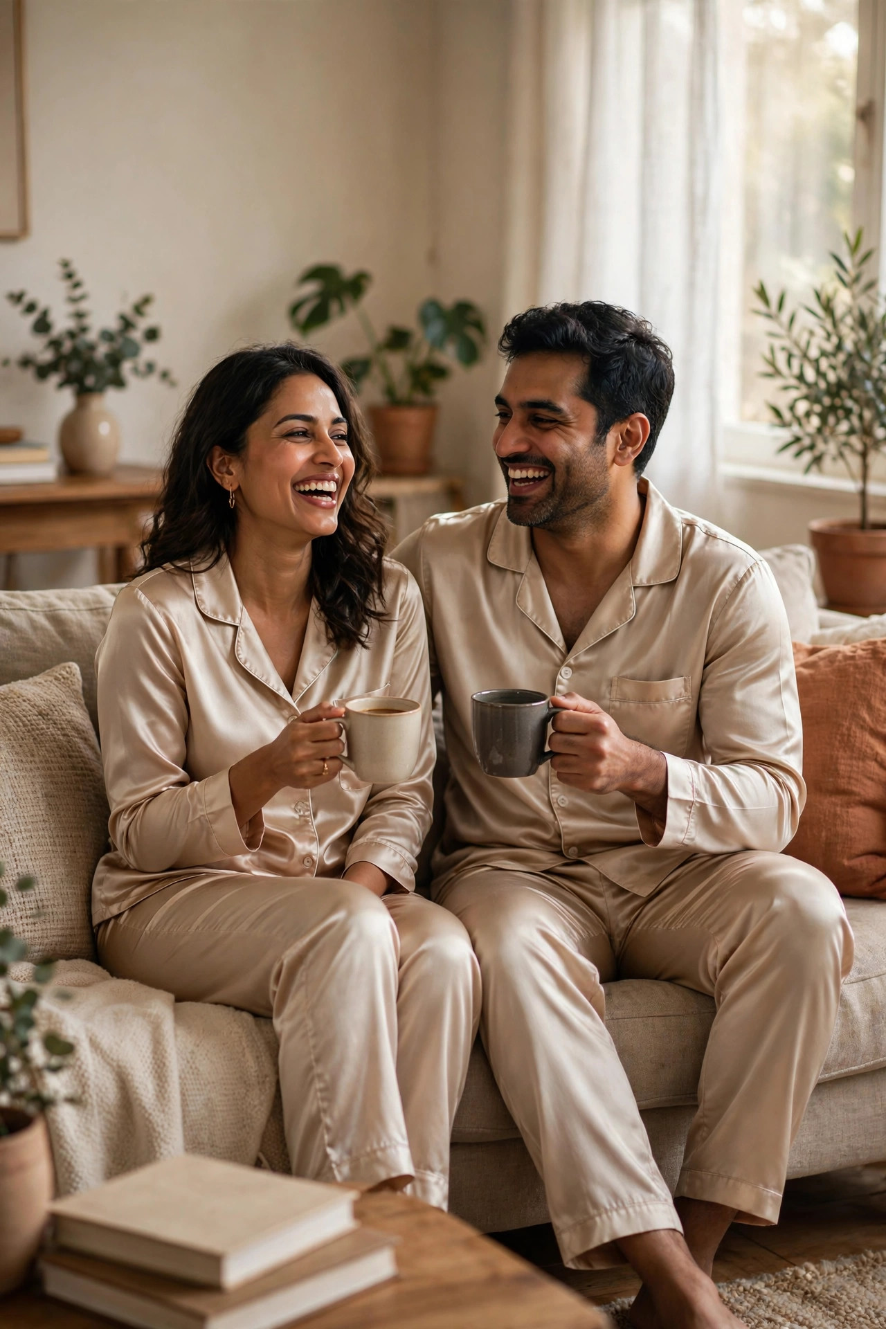 Couple relaxing on a couch in matching champagne satin pajama sets with coffee mugs, cozy couple lifestyle photo