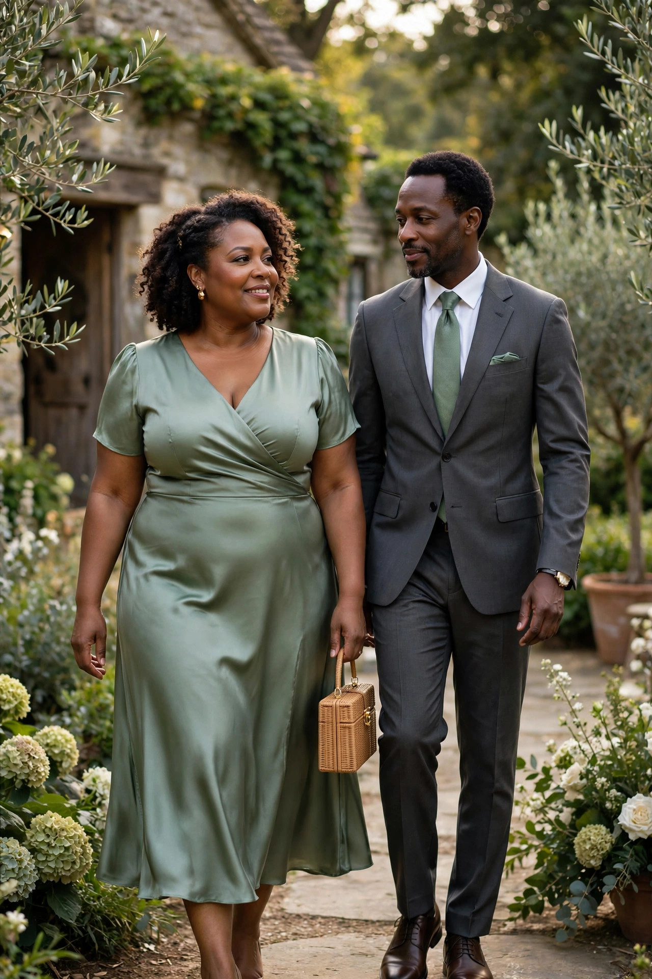 Well-dressed couple at a wedding venue garden, sage green satin midi dress and charcoal suit with sage tie, wedding guest couple outfit