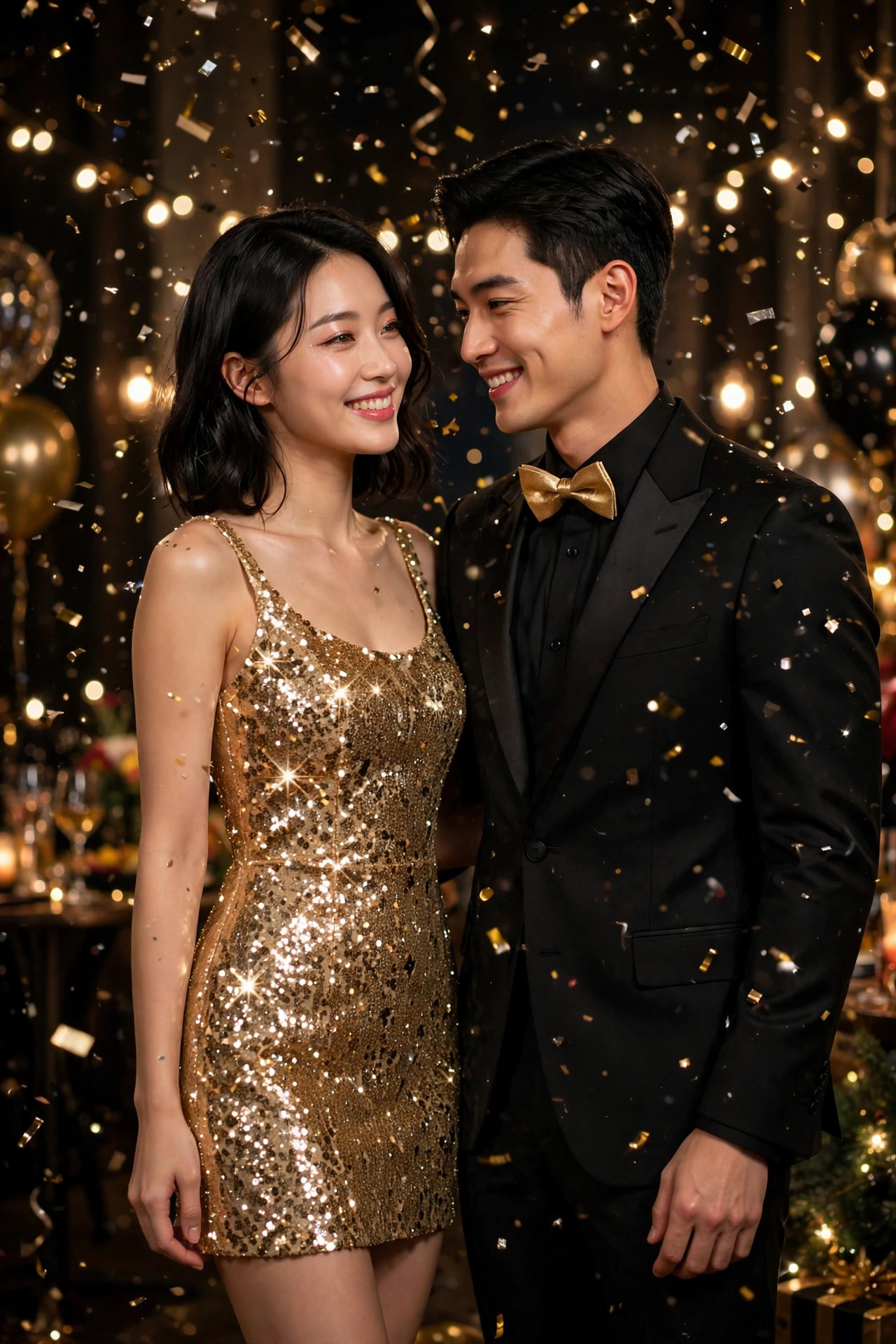 Glamorous couple at a New Year's Eve party, gold sequin mini dress and black tuxedo with gold pocket square, confetti celebration