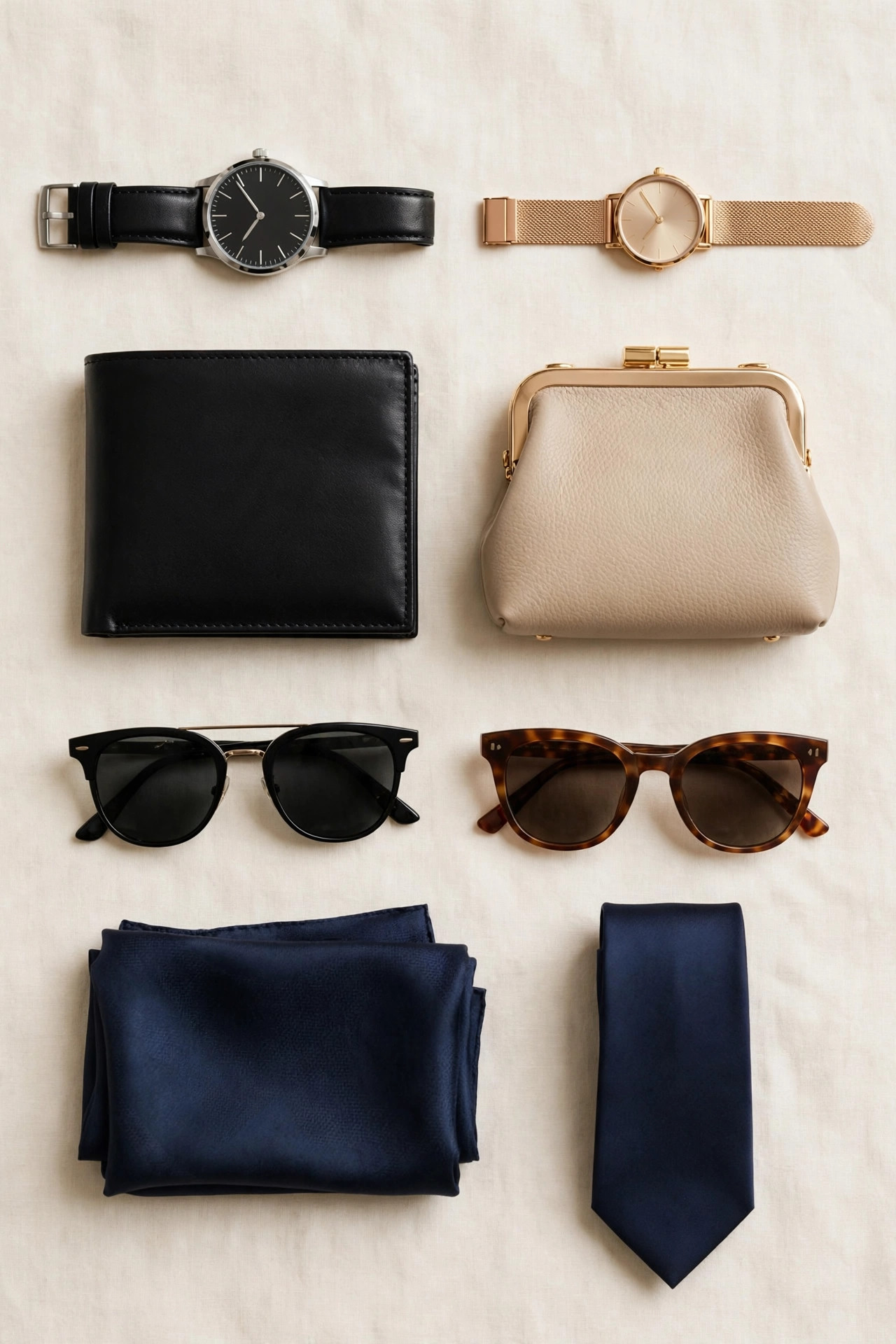 Flat lay of his-and-hers accessories on cream background, watches, sunglasses, wallet, clutch and matching navy tie and scarf