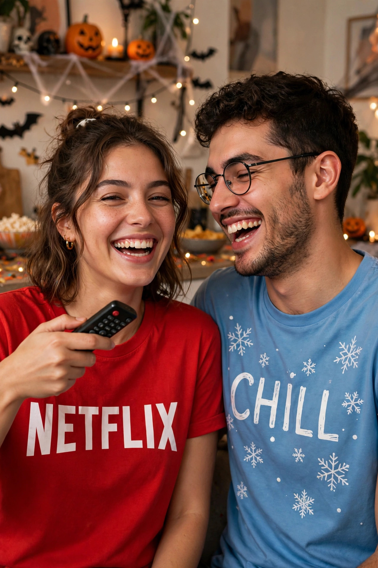 Funny matching costumes — one person in red NETFLIX shirt and one in blue CHILL shirt