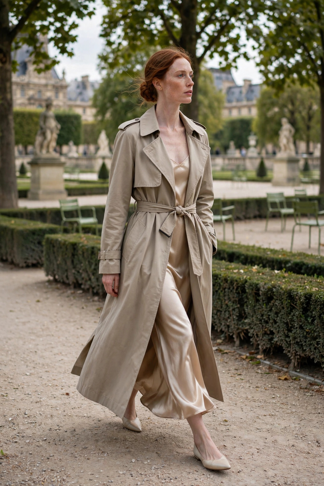 Woman in a long belted stone trench coat over a champagne satin slip dress in the Tuileries Garden, PFW street style look