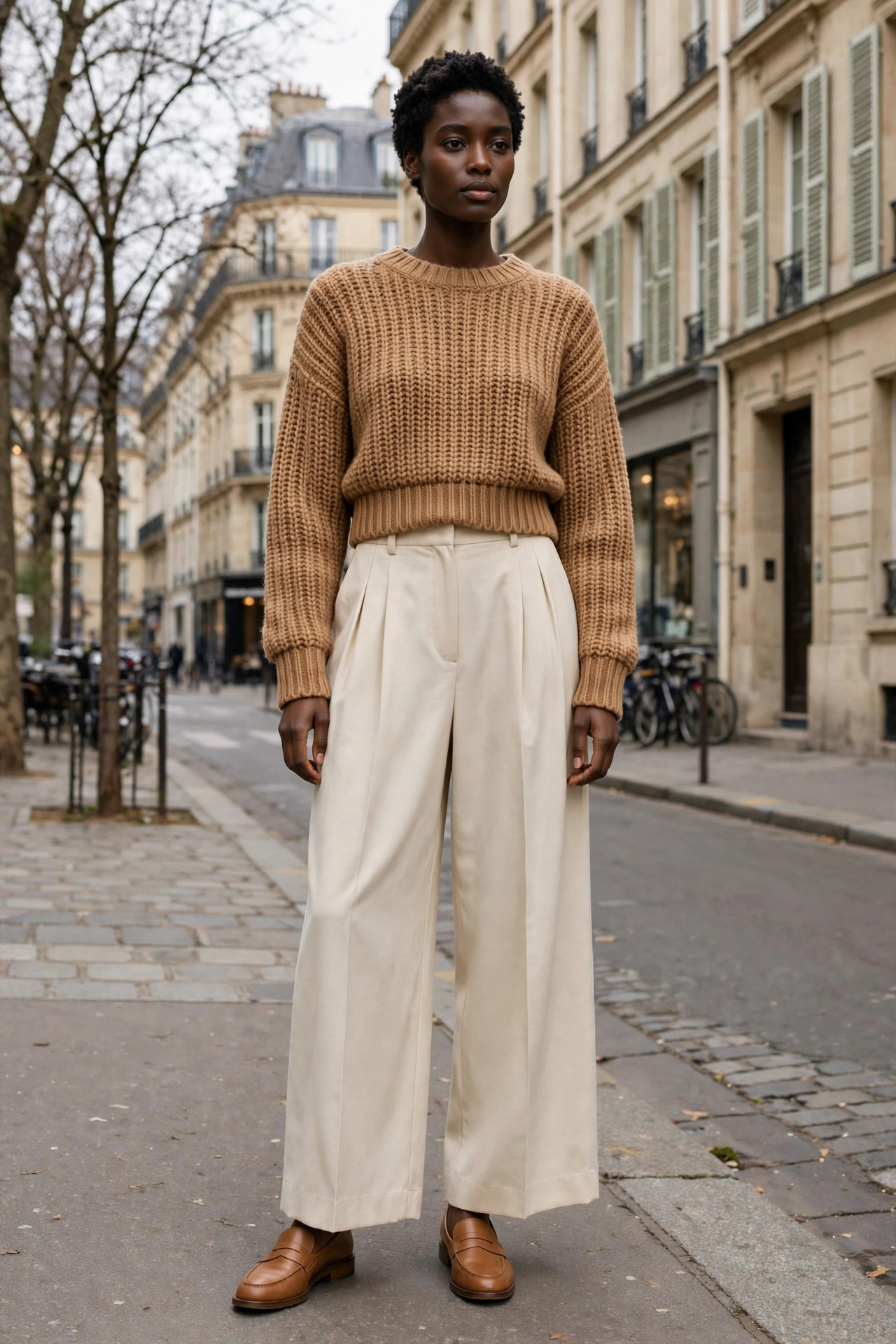 Woman in high-waisted pleated wide-leg cream trousers with a cropped camel knit and loafers on a Paris sidewalk, fashion week outfit
