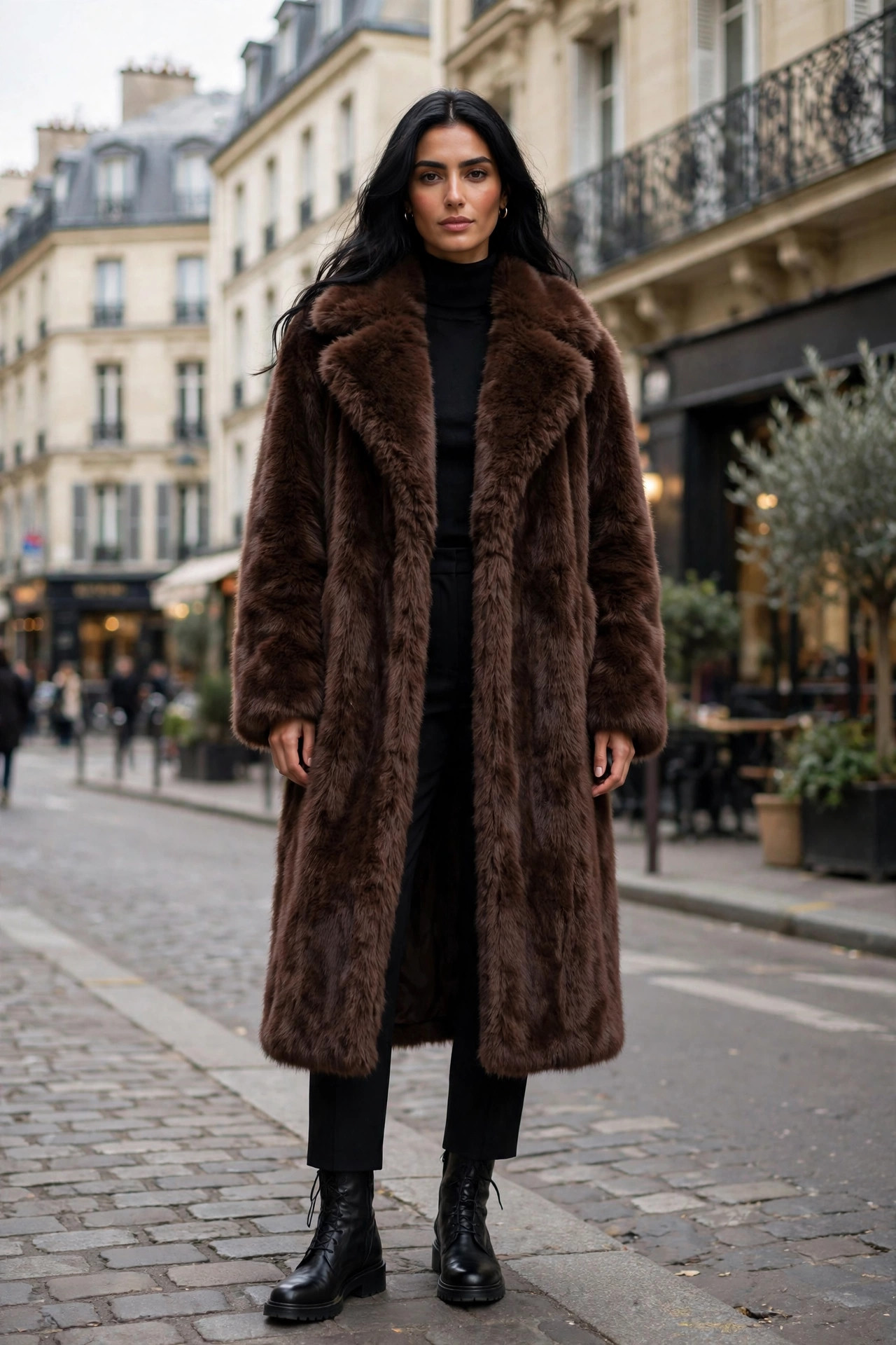 Woman in a chocolate brown faux-fur statement coat over an all-black turtleneck outfit on a Paris street, PFW outerwear look