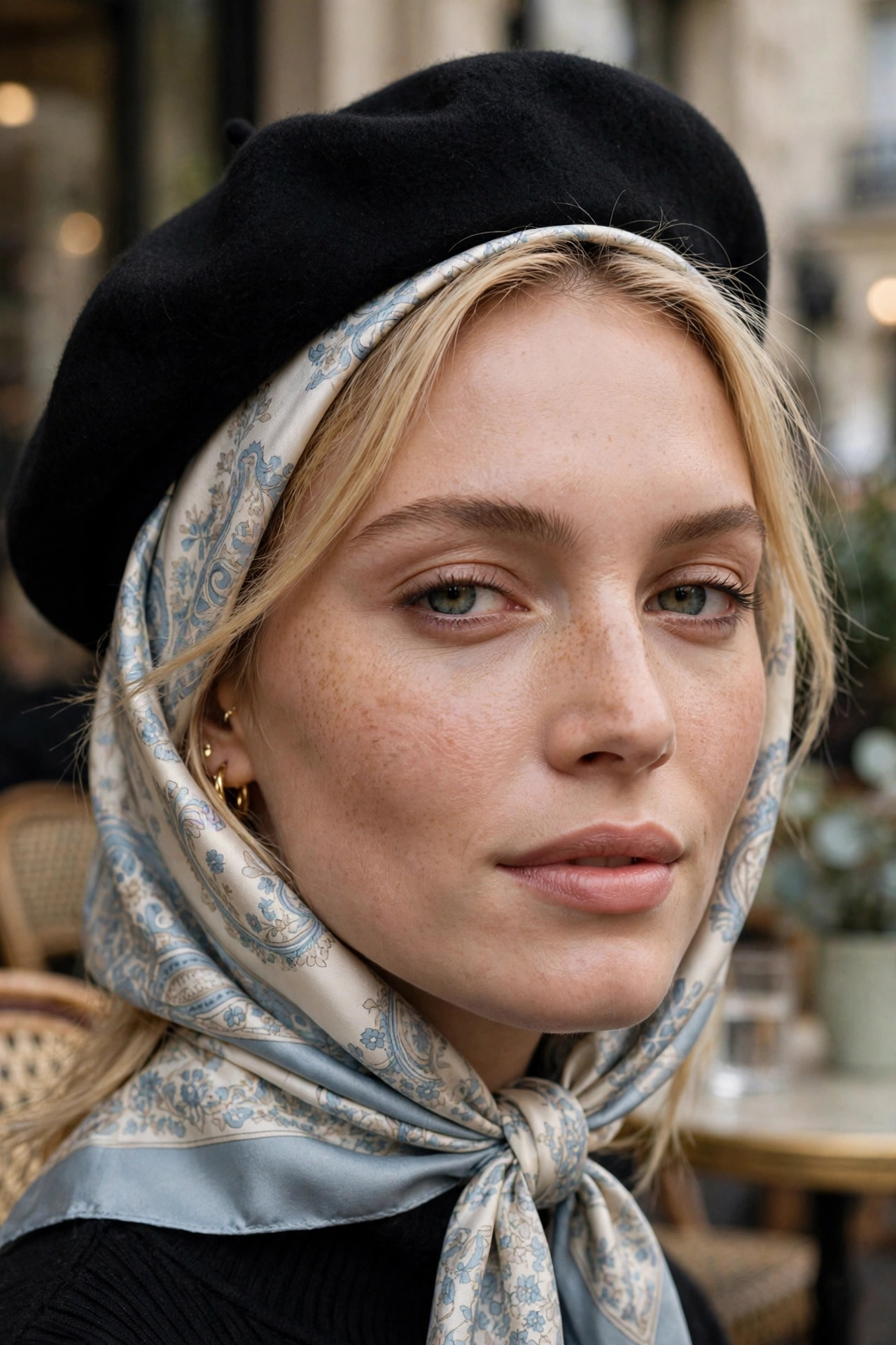 Close-up of a woman styling a printed silk scarf as a headscarf under a beret, Parisian accessory styling detail