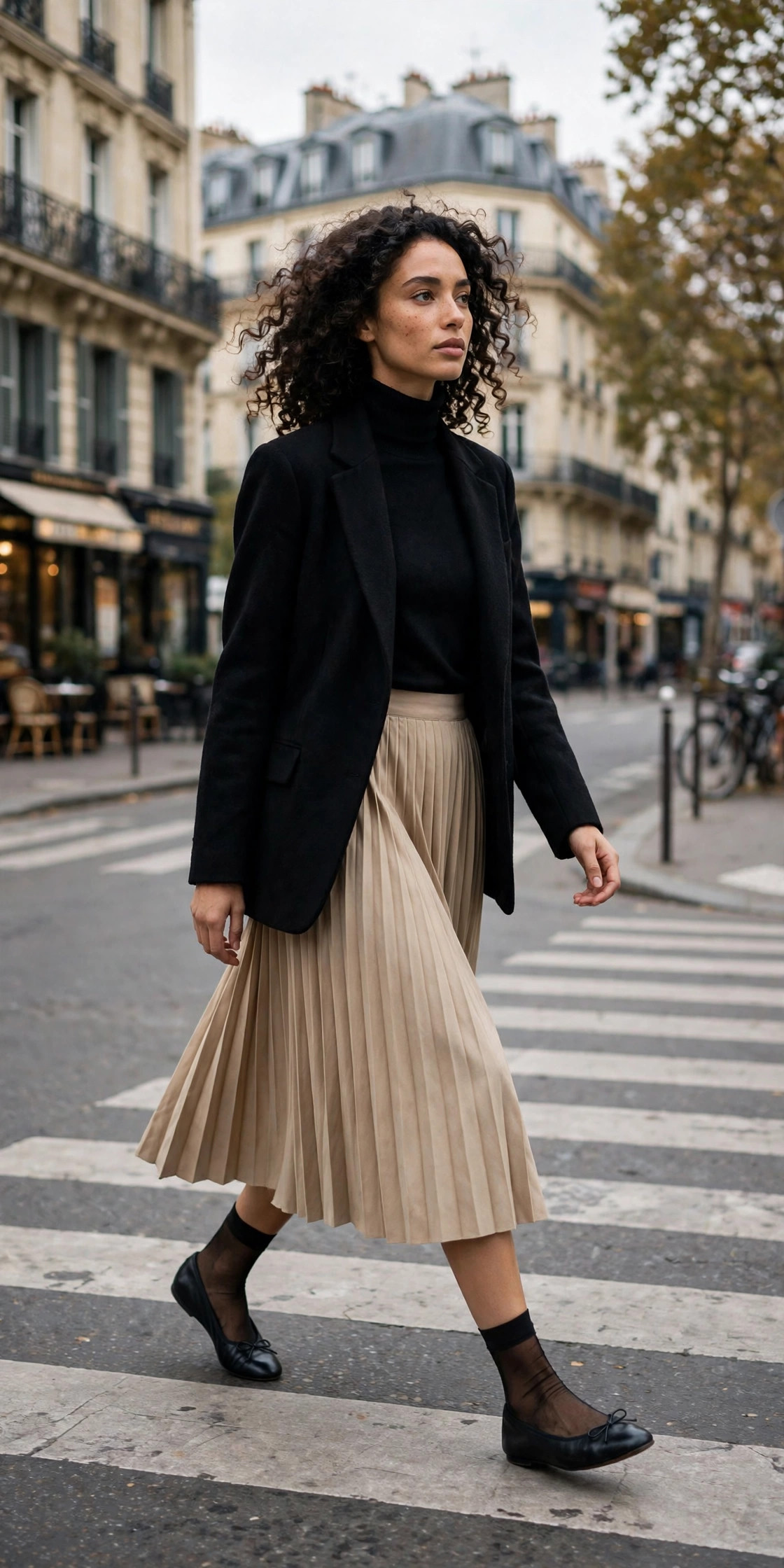 Woman in a pleated midi skirt with sheer ankle socks and leather ballet flats crossing a Paris street, PFW street style