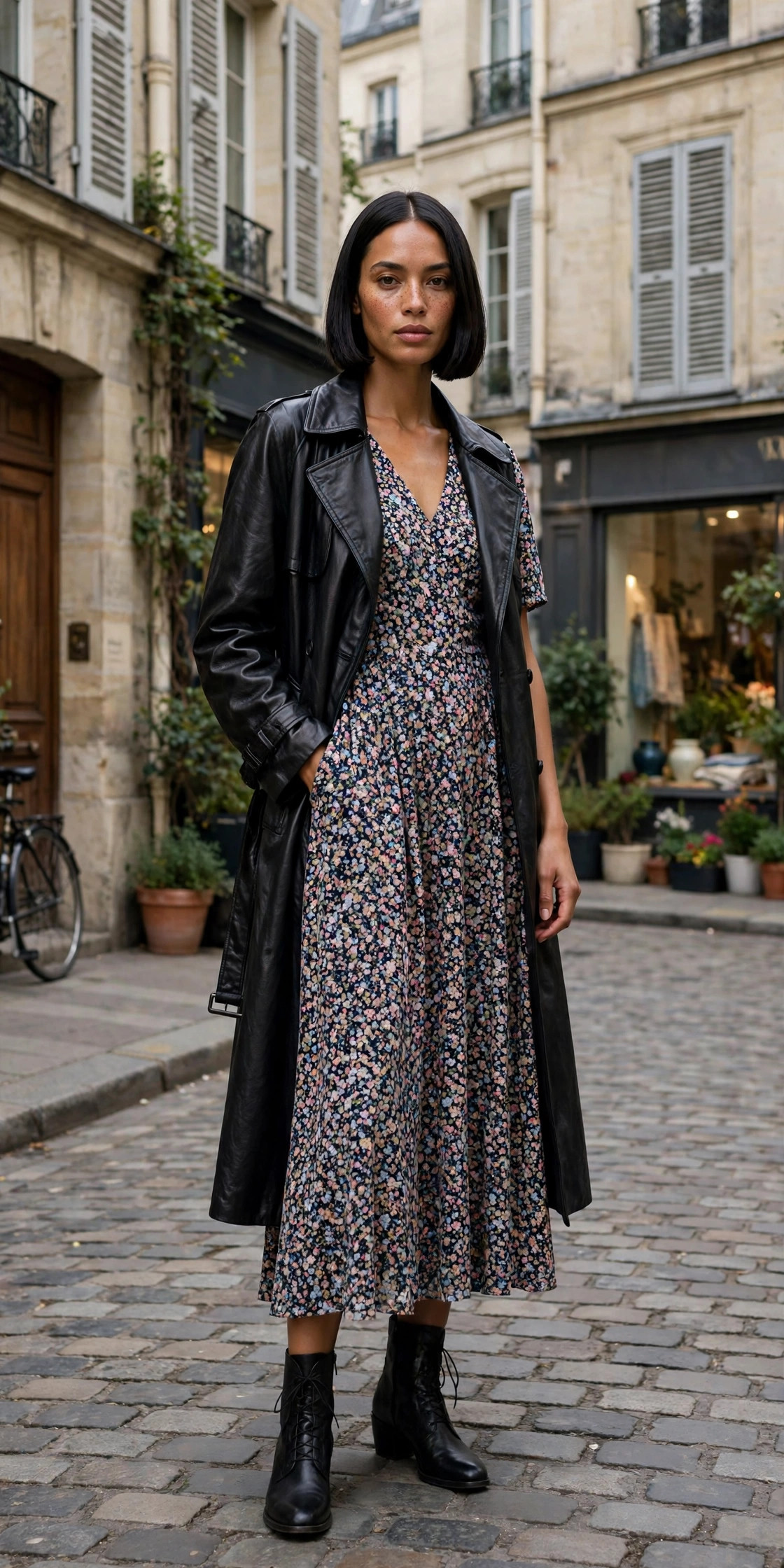 Woman in a black leather trench coat worn open over a floral midi dress in the Marais district, Paris fashion week look