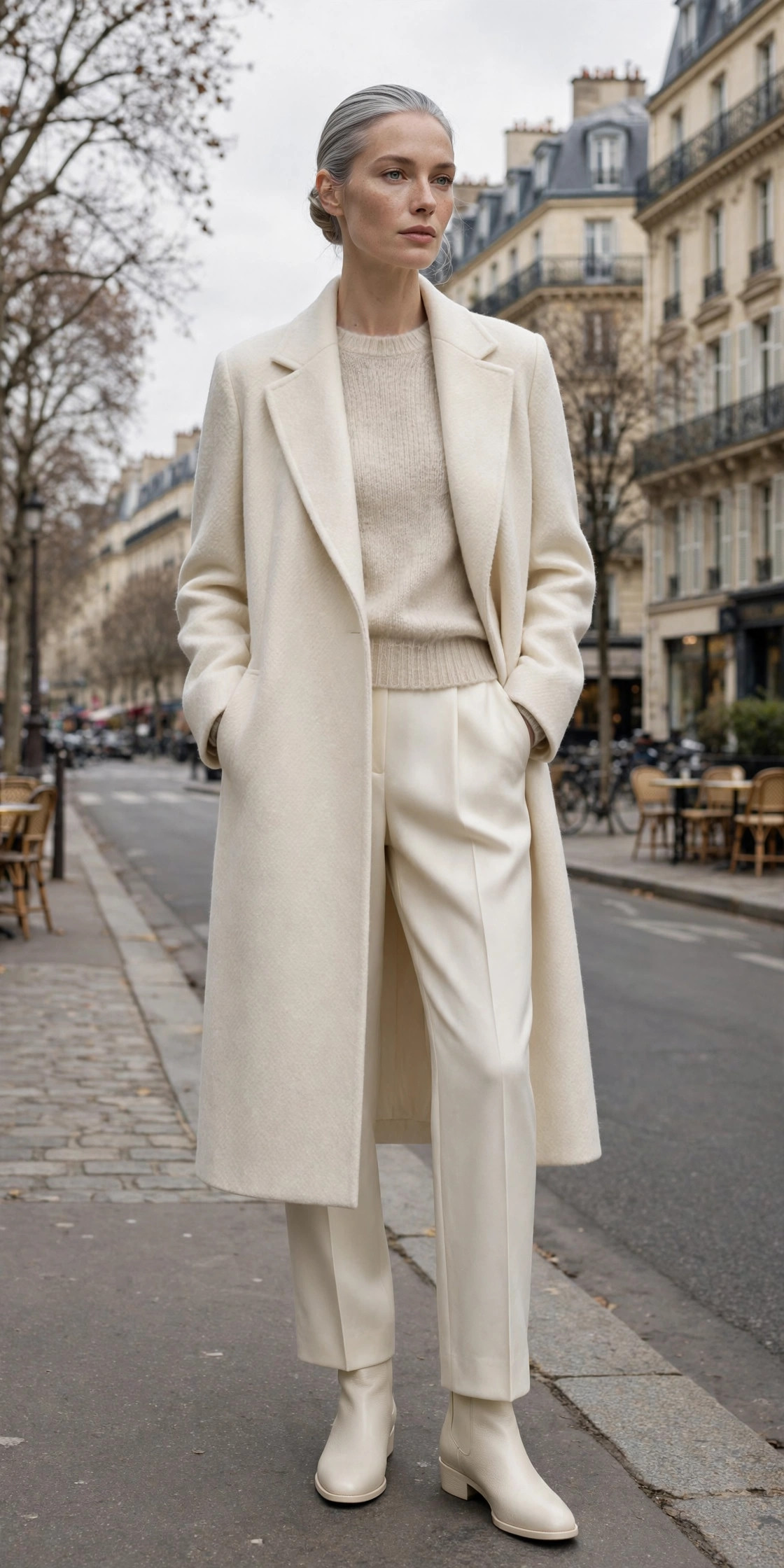 Woman in head-to-toe ivory tonal outfit with a long cream coat on a Paris avenue, monochrome PFW street style