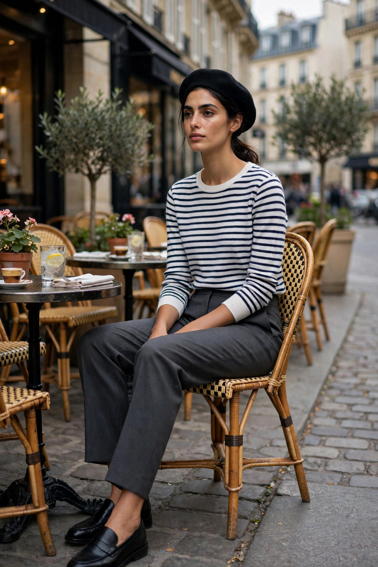 Woman in a fine Breton striped knit with tailored charcoal trousers, beret and loafers at a Paris café, modern Parisian uniform
