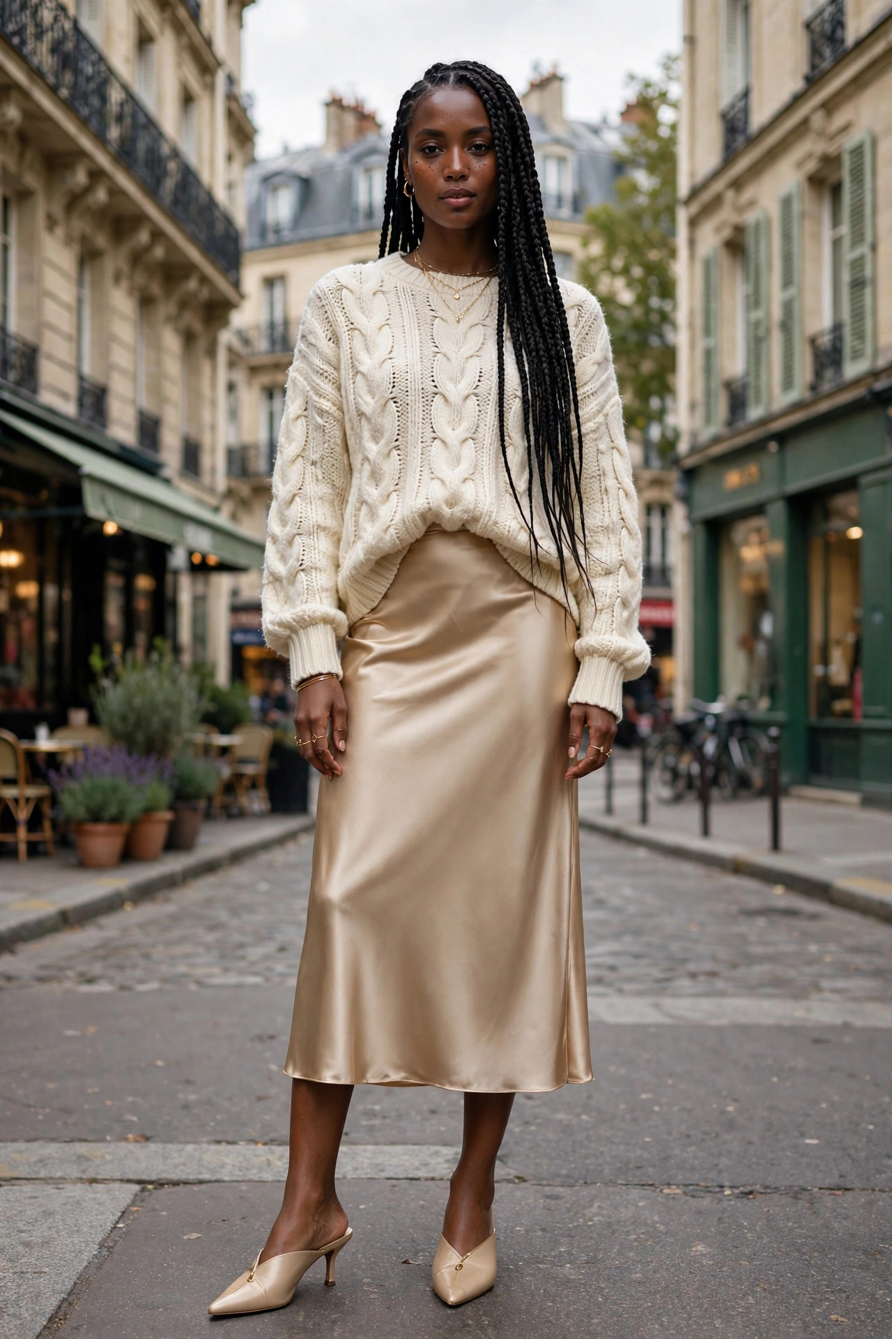 Woman in a champagne satin midi slip skirt with an oversized cream cable-knit sweater, texture-contrast PFW outfit