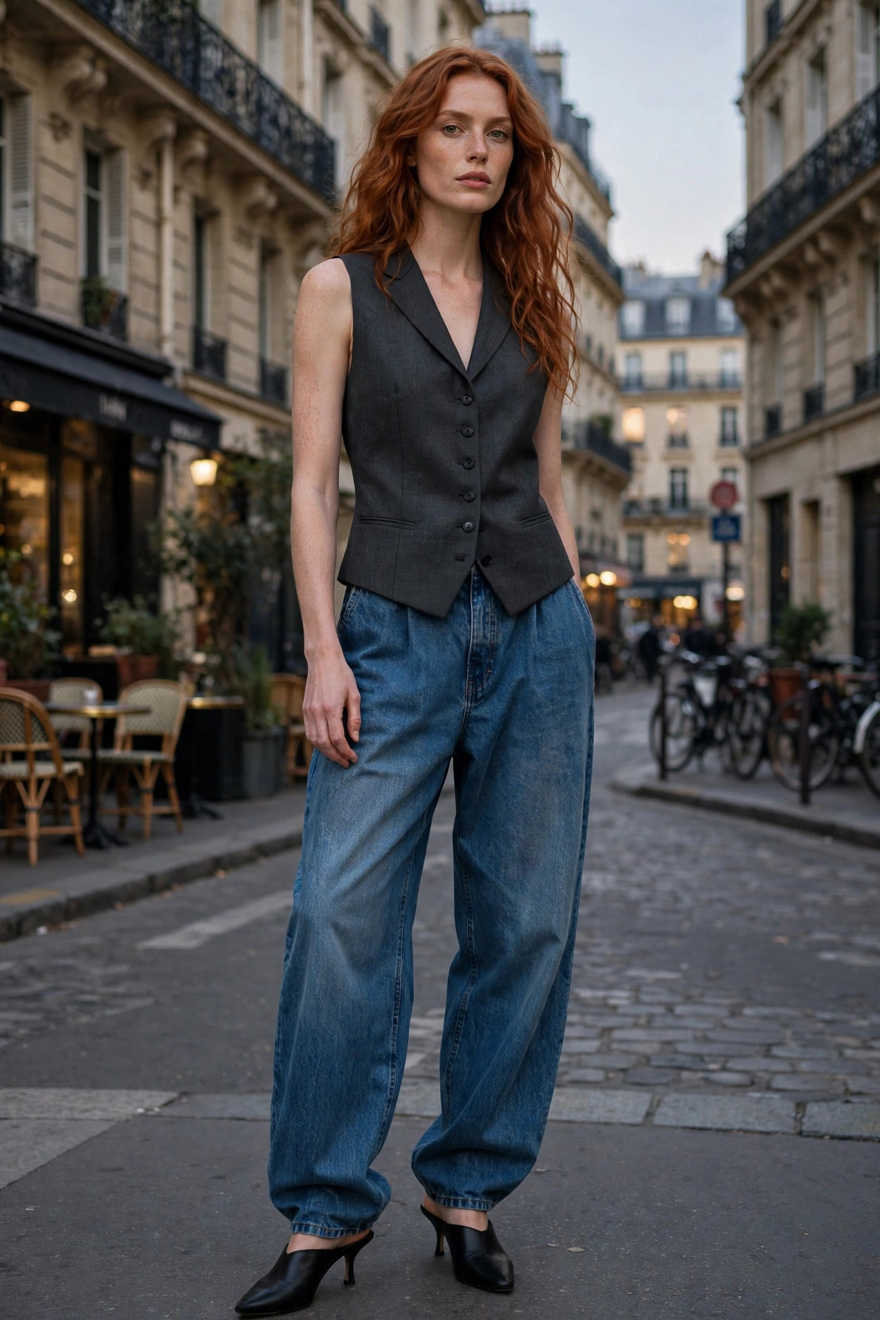Woman in a tailored waistcoat worn as a top with baggy blue jeans and heeled mules on a Paris street, fashion week style