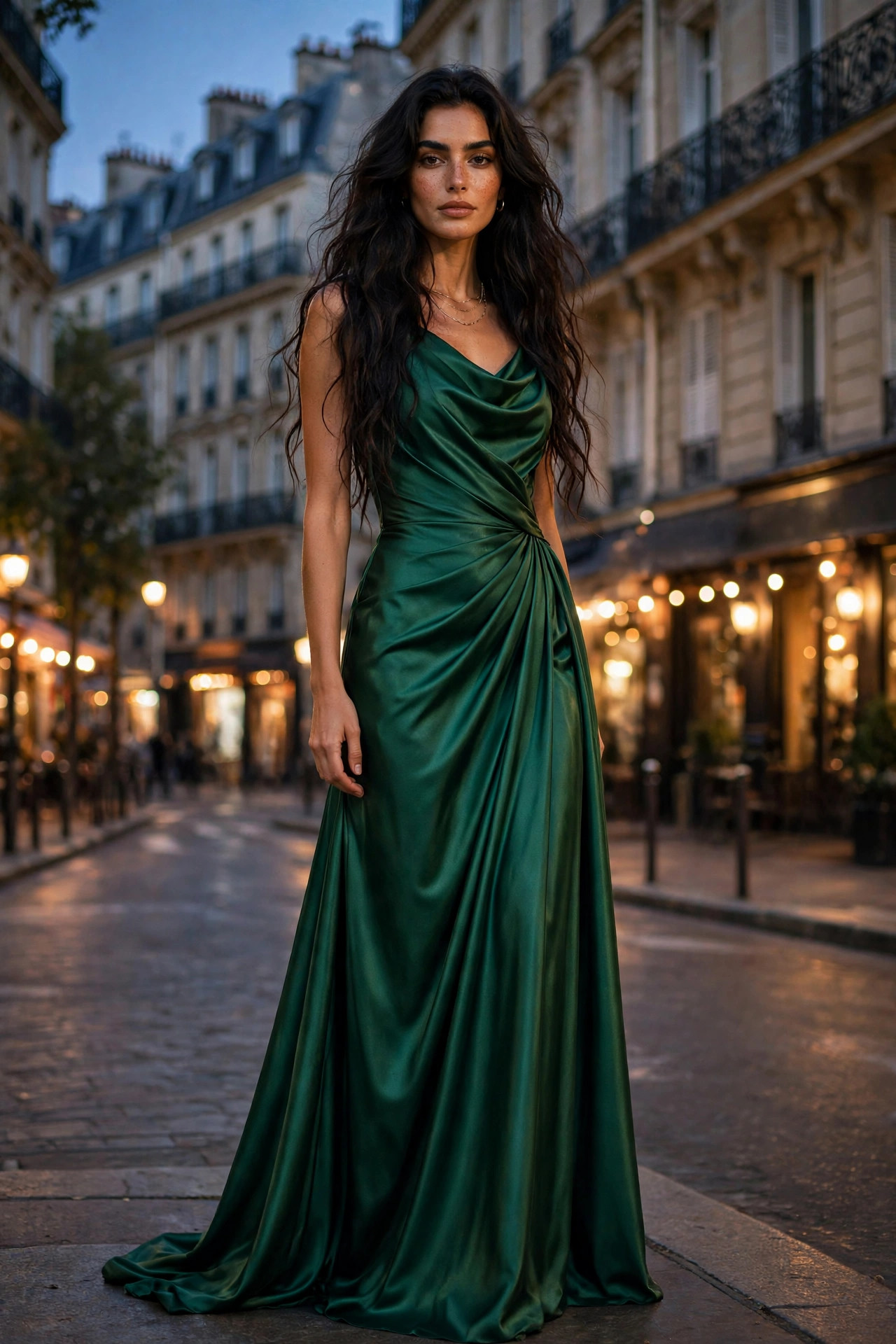 Woman in a draped emerald satin evening gown on a Paris street at dusk with Haussmann buildings behind her, PFW evening street style
