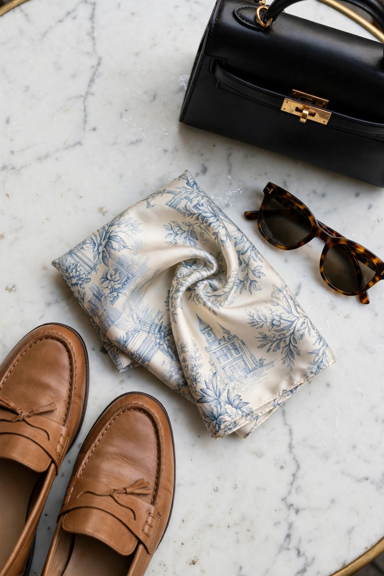 Flat lay of Parisian chic accessories — leather loafers, silk scarf, sunglasses and a structured handbag on a café marble table