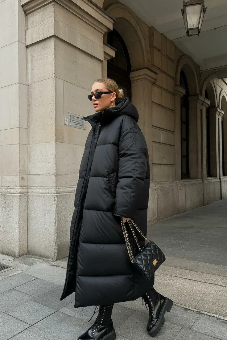 Woman in a long black hooded puffer coat with quilted chain bag and chunky boots