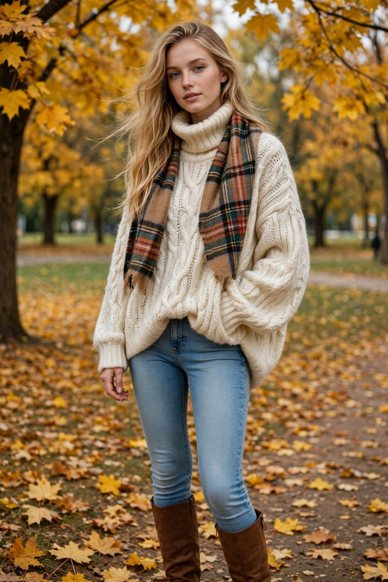 Rosé-inspired oversized cream turtleneck sweater with light blue jeans and brown knee-high boots